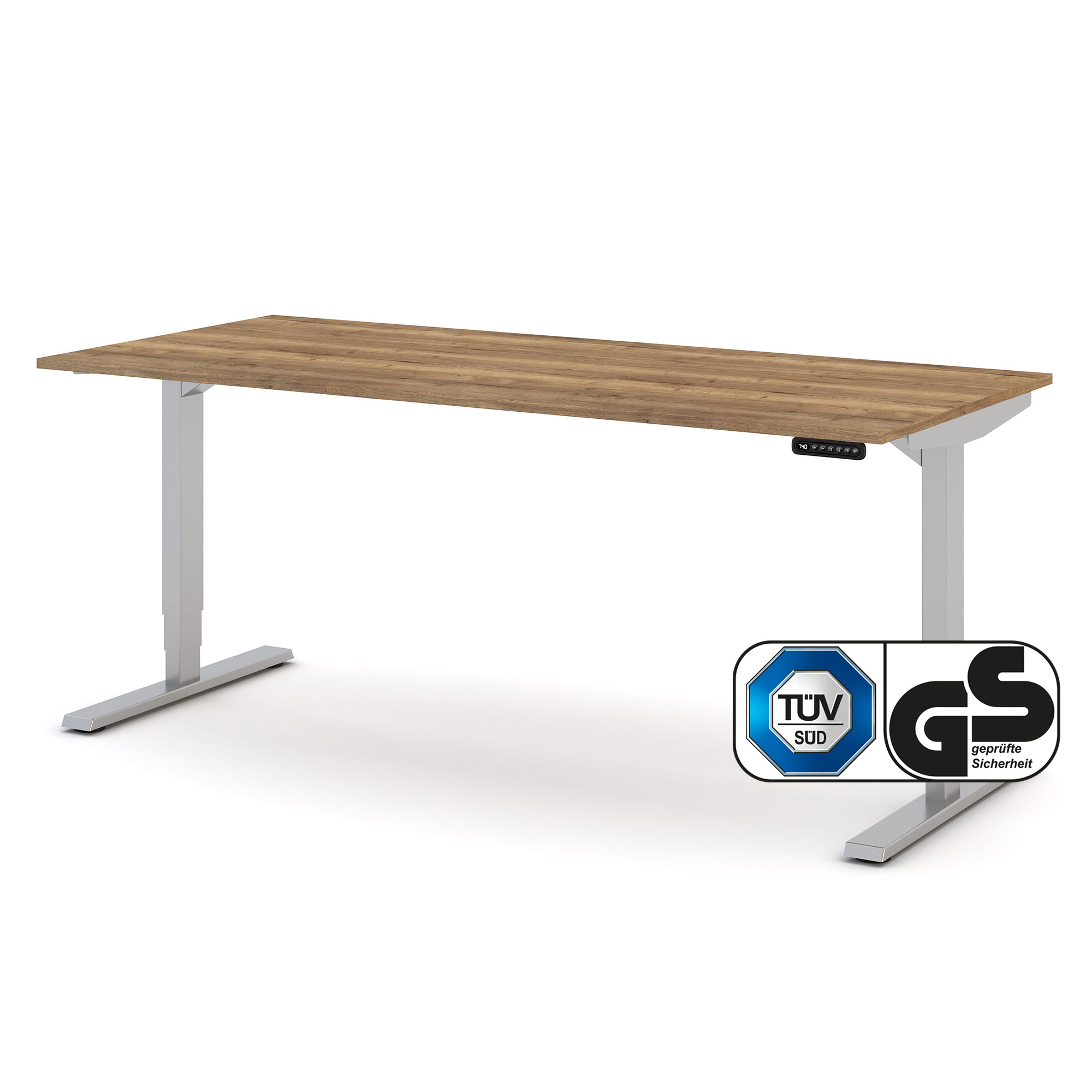 Elektrisch höhenverstellbarer Schreibtisch Y-Line Höhenverstellbarer Schreibtisch mit Holzplatte, TÜV- und GS-Zertifikaten sichtbar