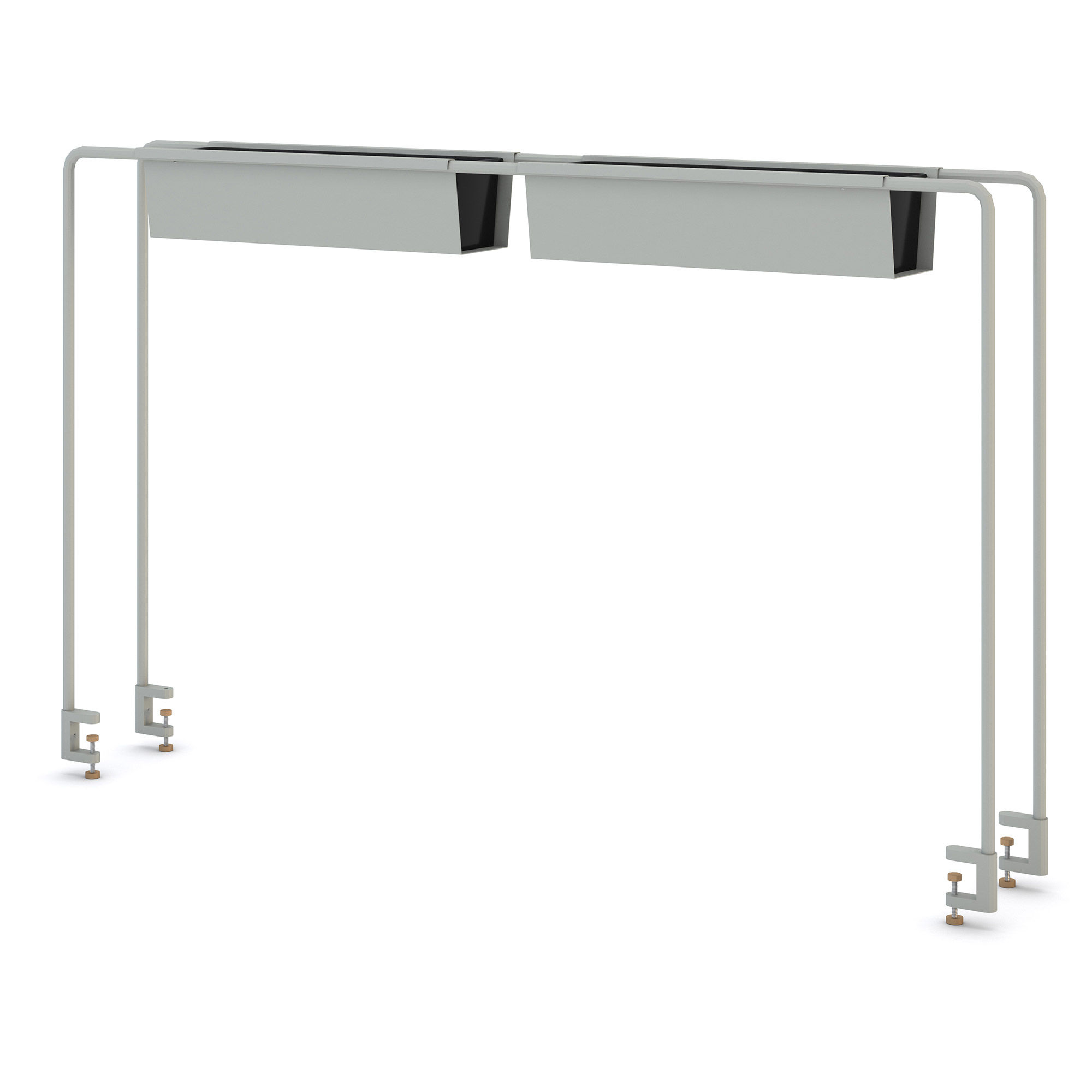 Blumenkasten Flower House Zwei graue Ablagefächer, die an einem Gestell befestigt sind.