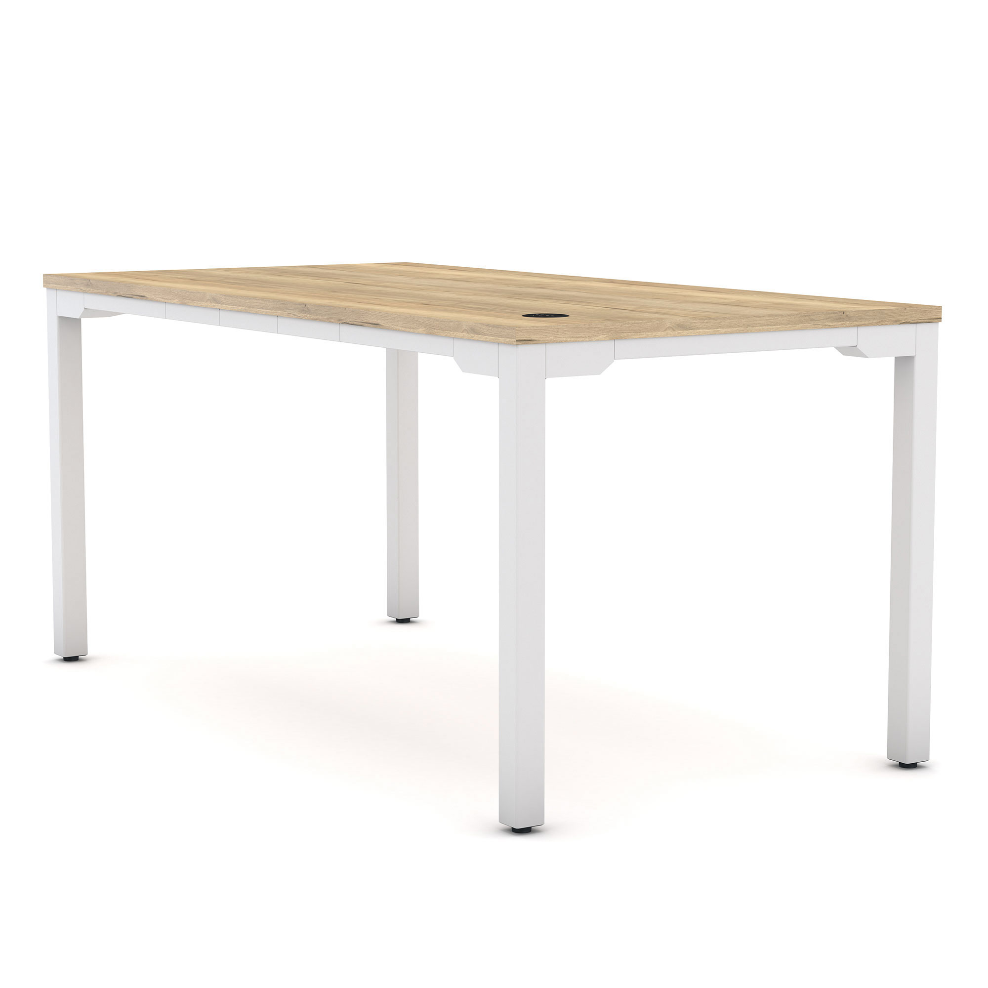 Besprechungstisch mit Holzplatte und weißem Metallgestell.