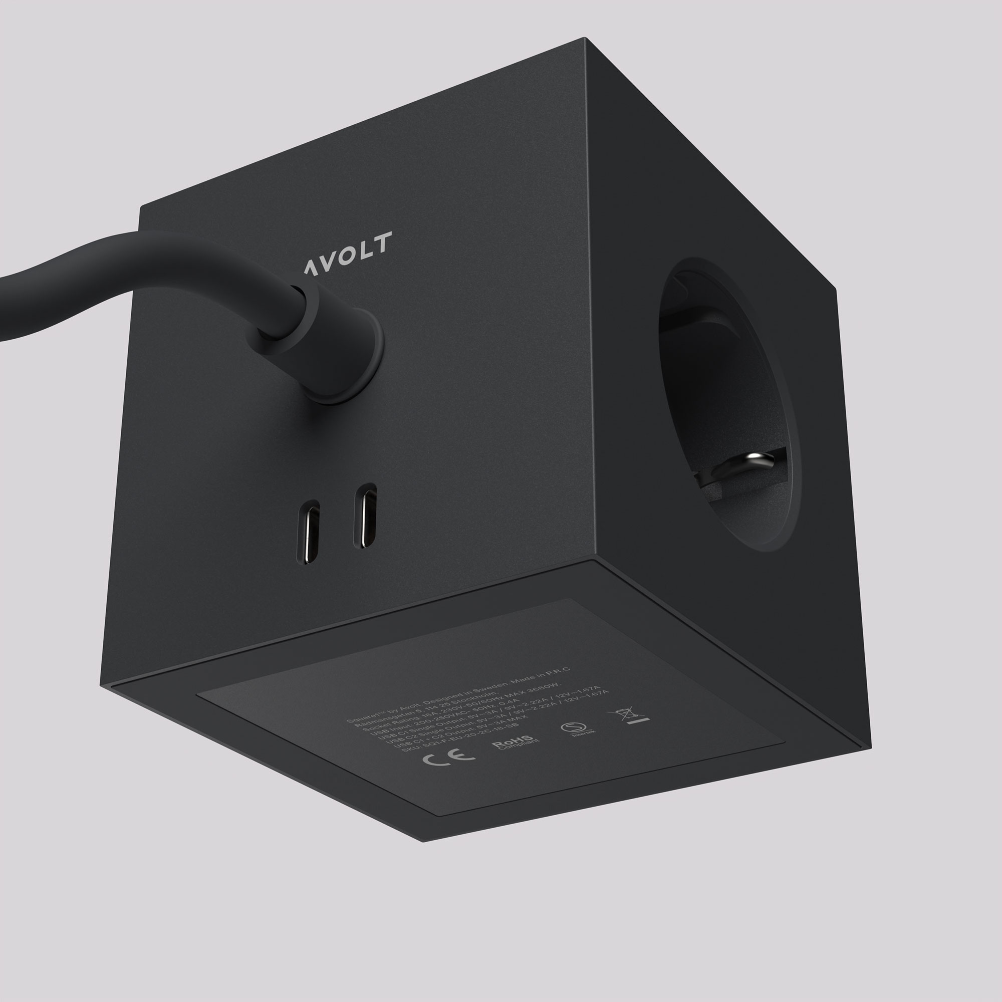 AVOLT Cube Steckdosenleiste in Schwarz mit USB-C Anschlüssen – elegante Mehrfachsteckdose mit modernem Design und seitlichem Netzkabel