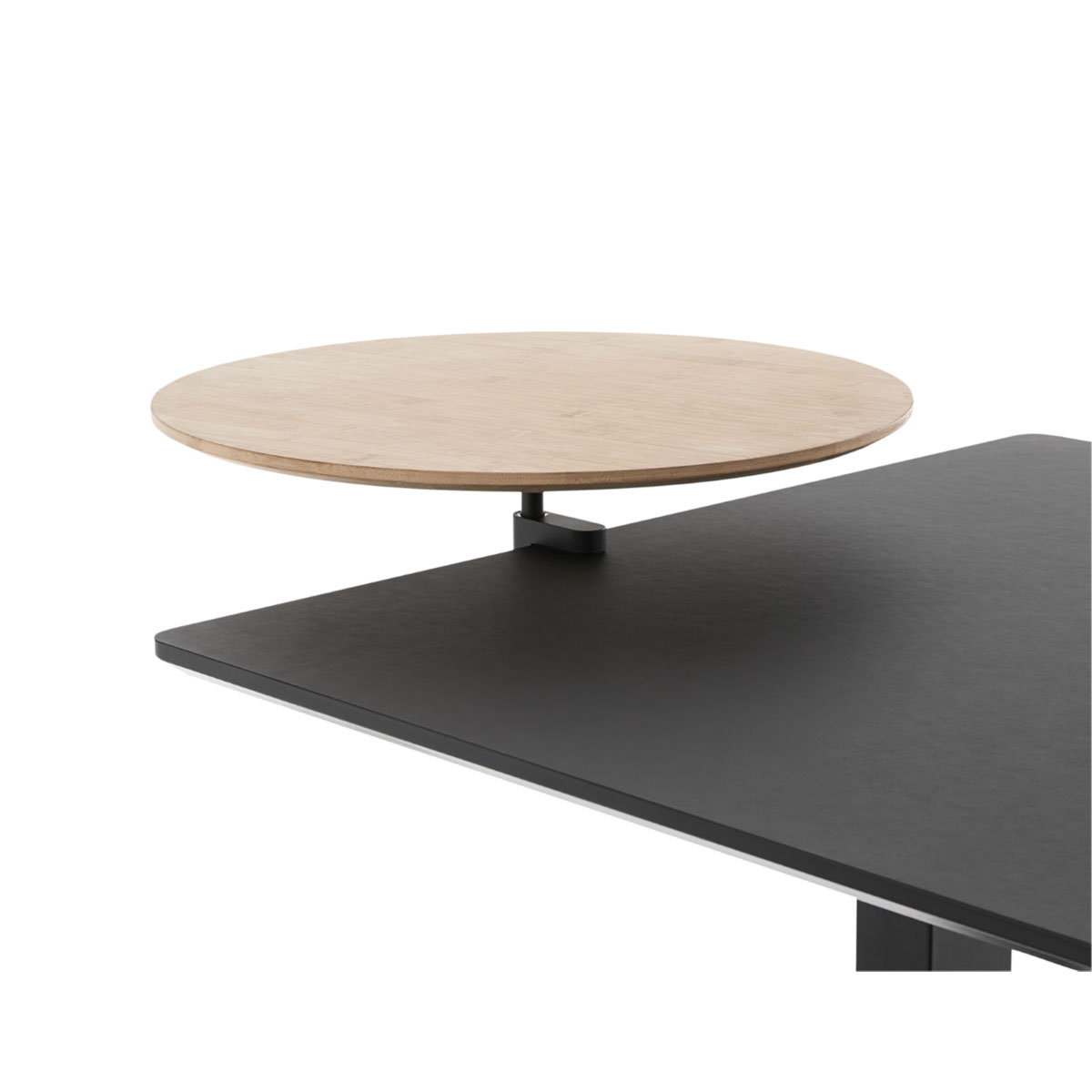 Runder Anbautisch mit Holzplatte auf schwarzem Schreibtisch montiert