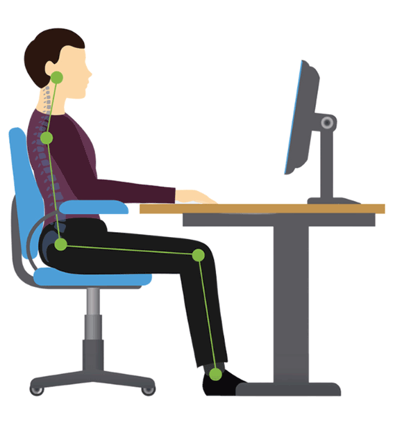 Eine Person sitzt am Schreibtisch vor einem Computer, mit hervorgehobenen Gelenken und einer aufrechten Körperhaltung.