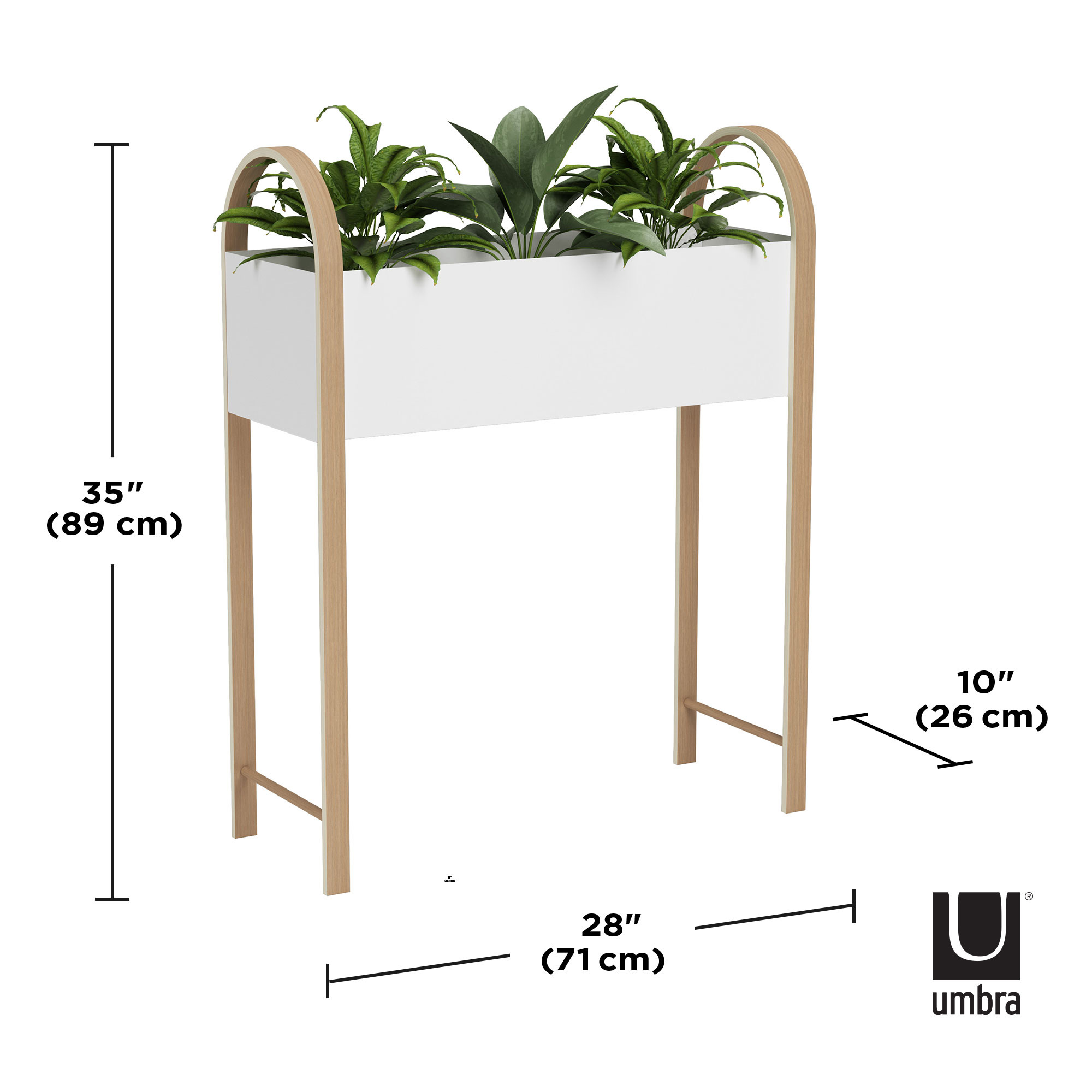 Regal Bellwood Blumentopfständer mit Holzbeinen und weißem Pflanzkasten, inklusive Maßangaben.