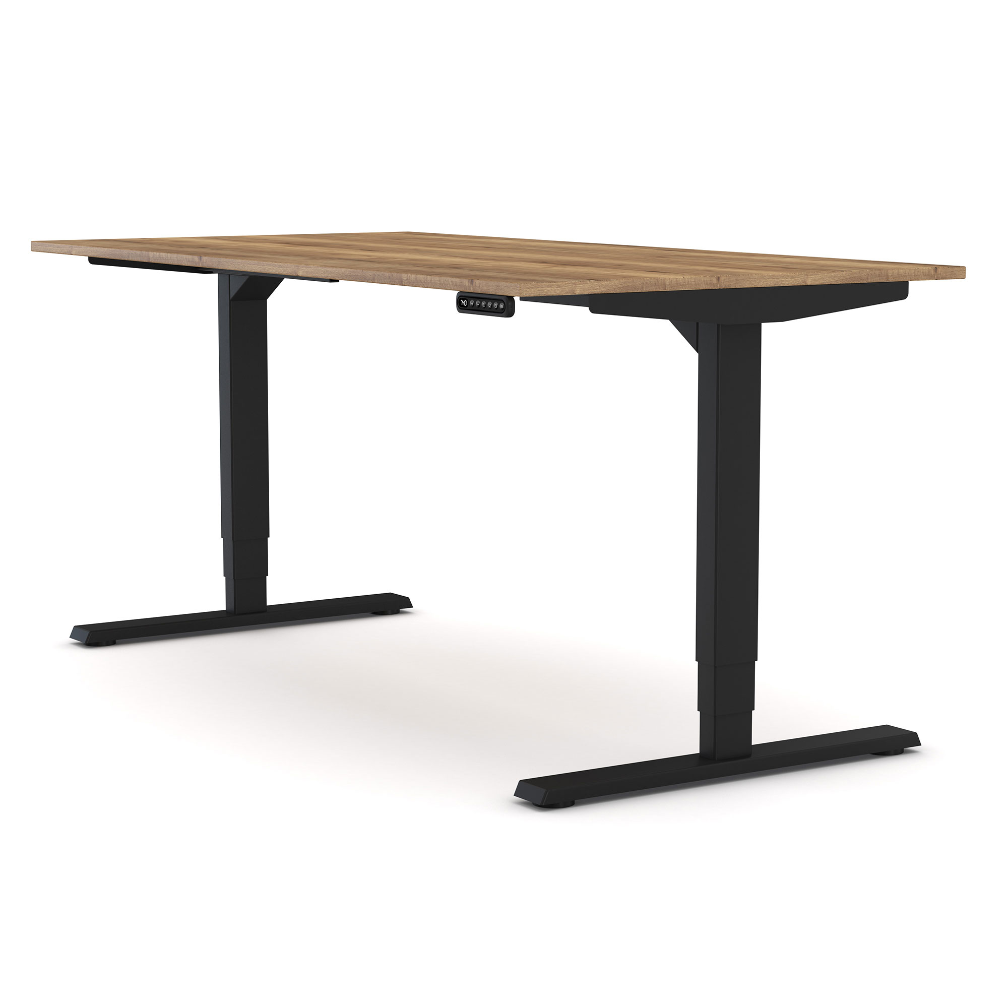 Ein höhenverstellbarer Schreibtisch mit einer Holzplatte und schwarzen Metallbeinen.