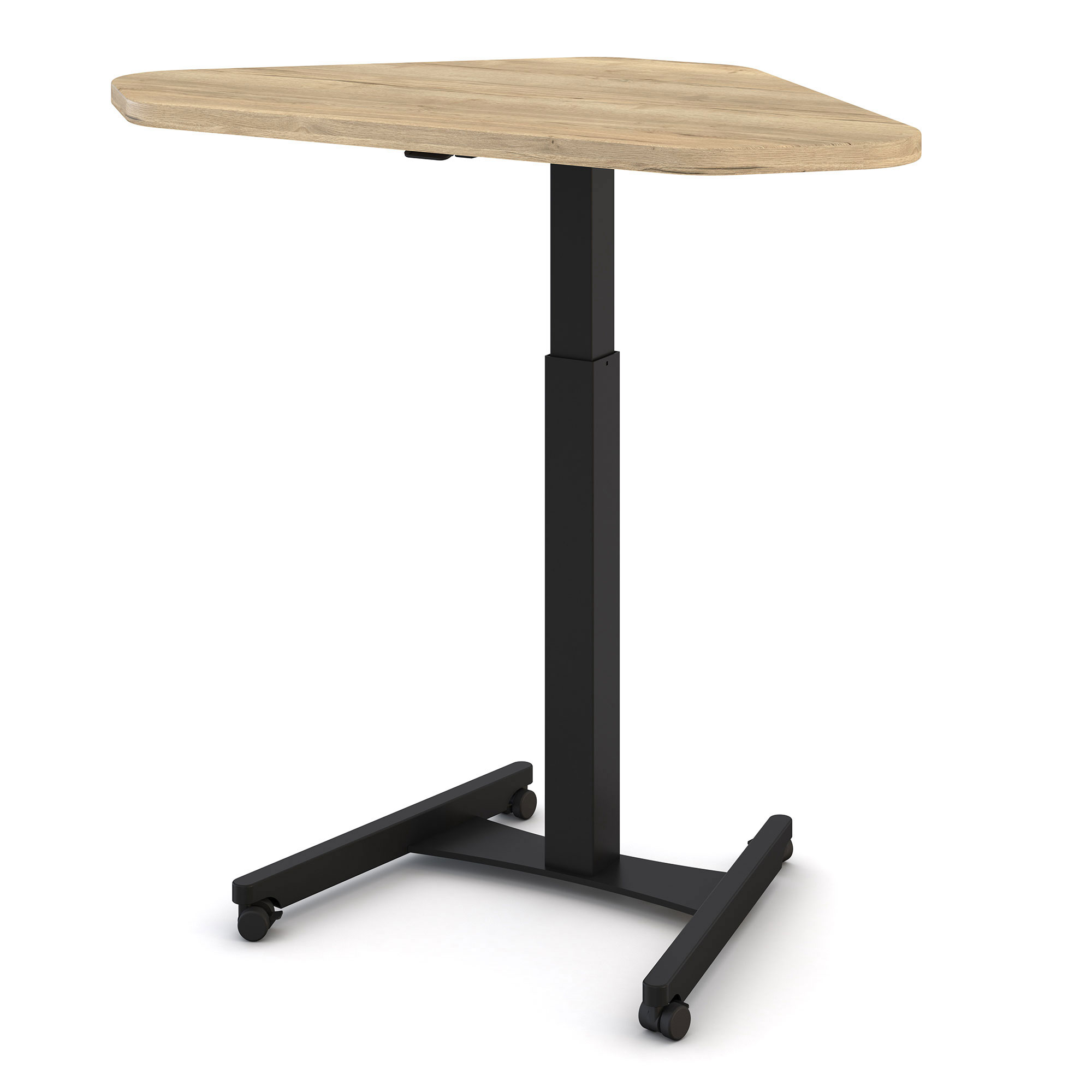 Höhenverstellbares Steh-Sitzpult Single Desk Ein höhenverstellbarer, dreieckiger Tisch mit einer Holzplatte und einem schwarzen Gestell auf Rollen.