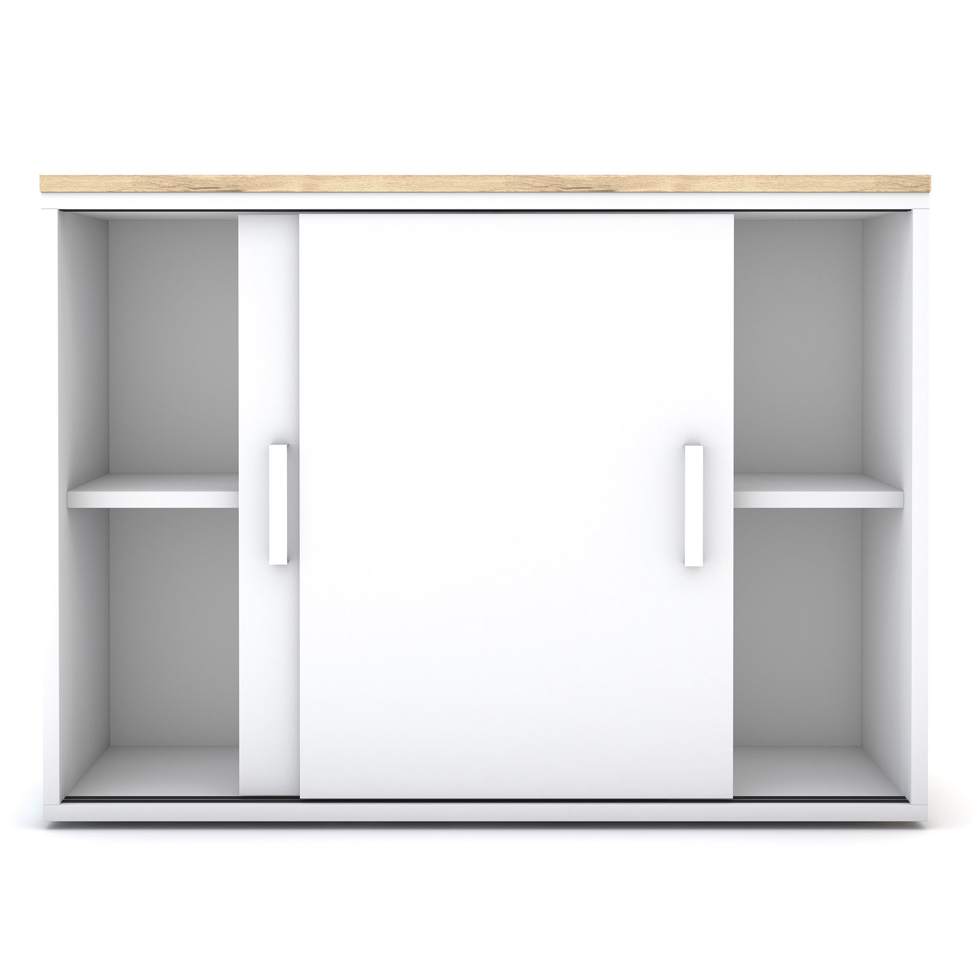 Schrank mit Schiebetüren in Weiß und Holzdekoroberfläche.