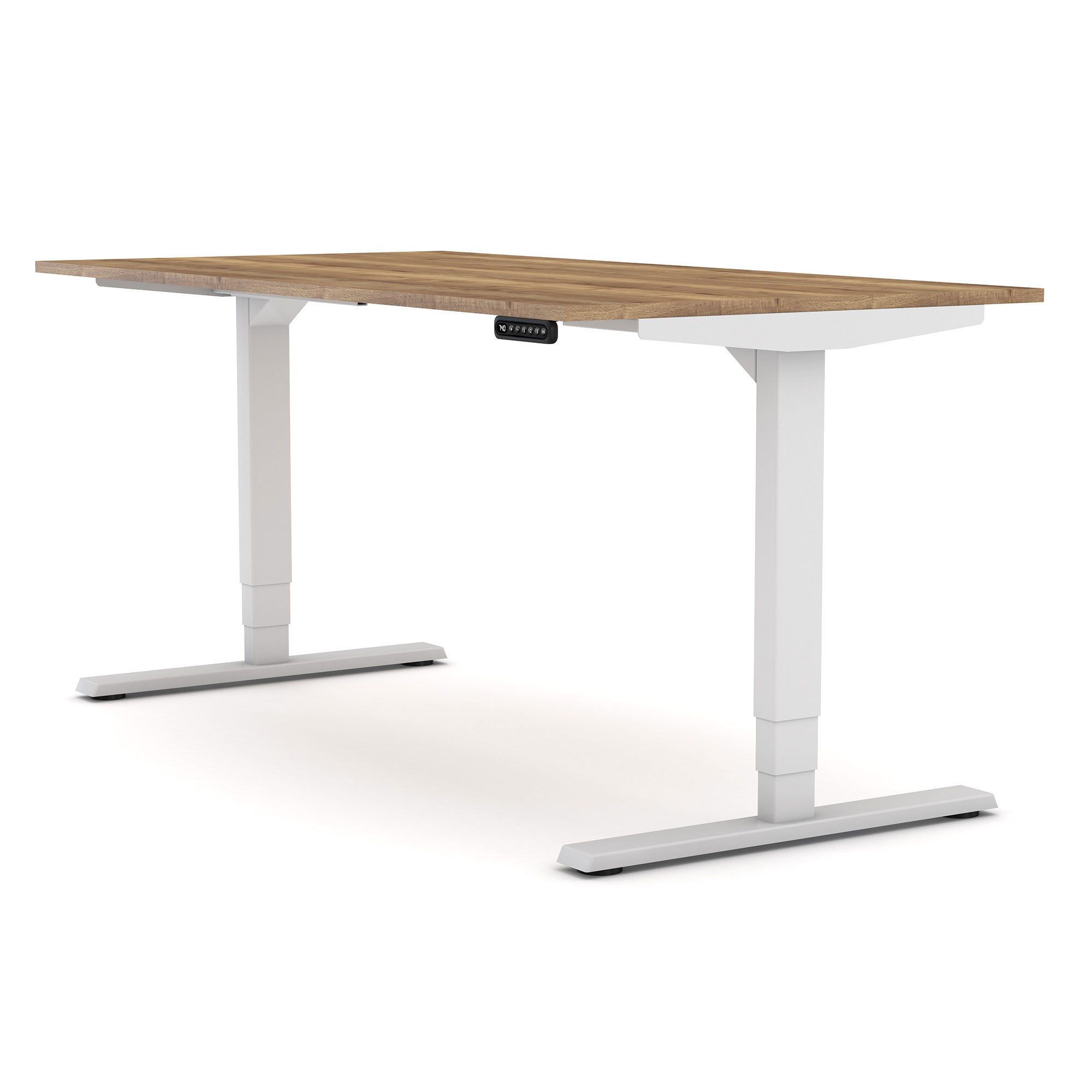 Höhenverstellbarer Schreibtisch mit rustikaler Holzplatte und weißem Gestell.