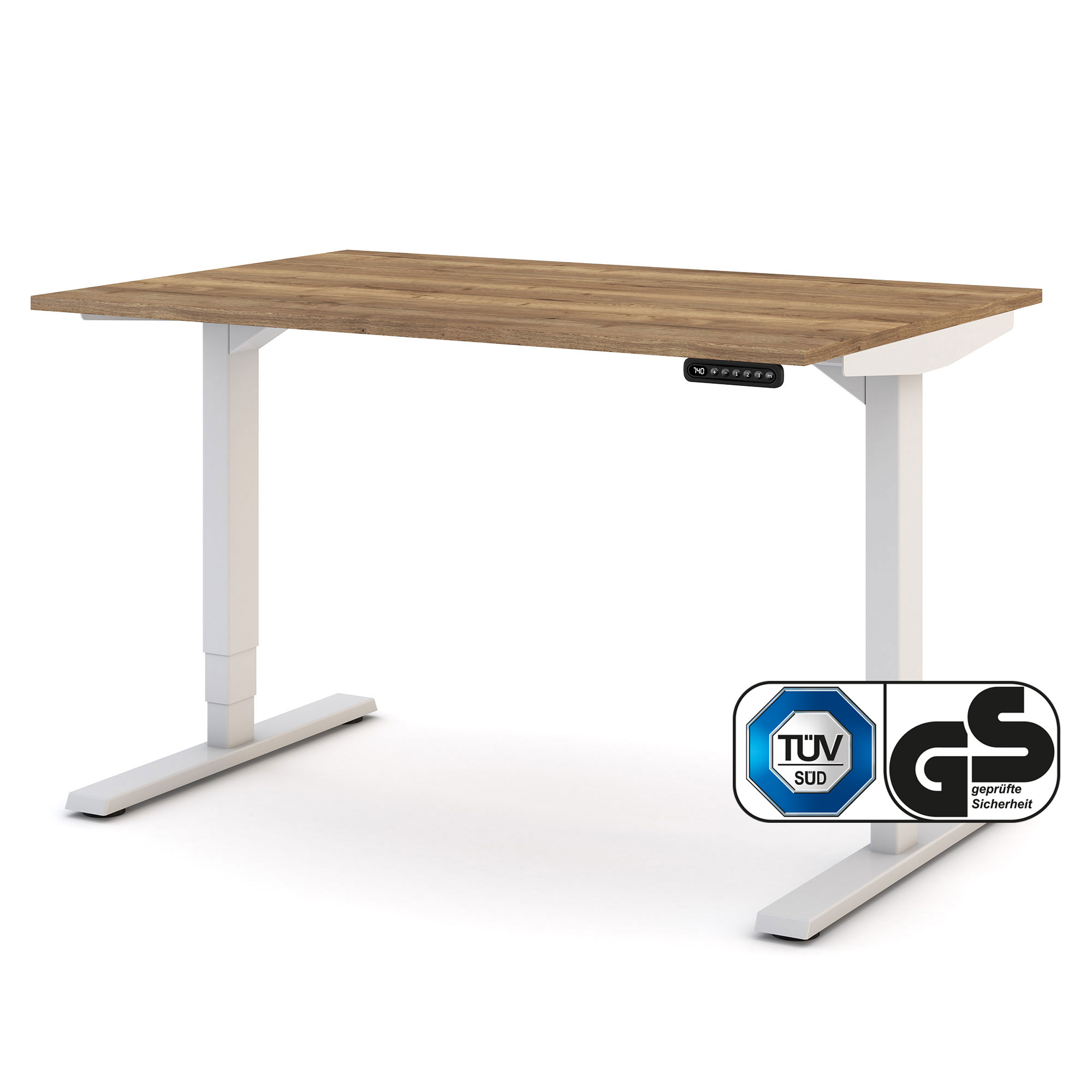 Elektrisch höhenverstellbarer Schreibtisch Y-Line Elektrisch höhenverstellbarer Schreibtisch mit weißem Gestell und Holzplatte inklusive TÜV-Siegel.