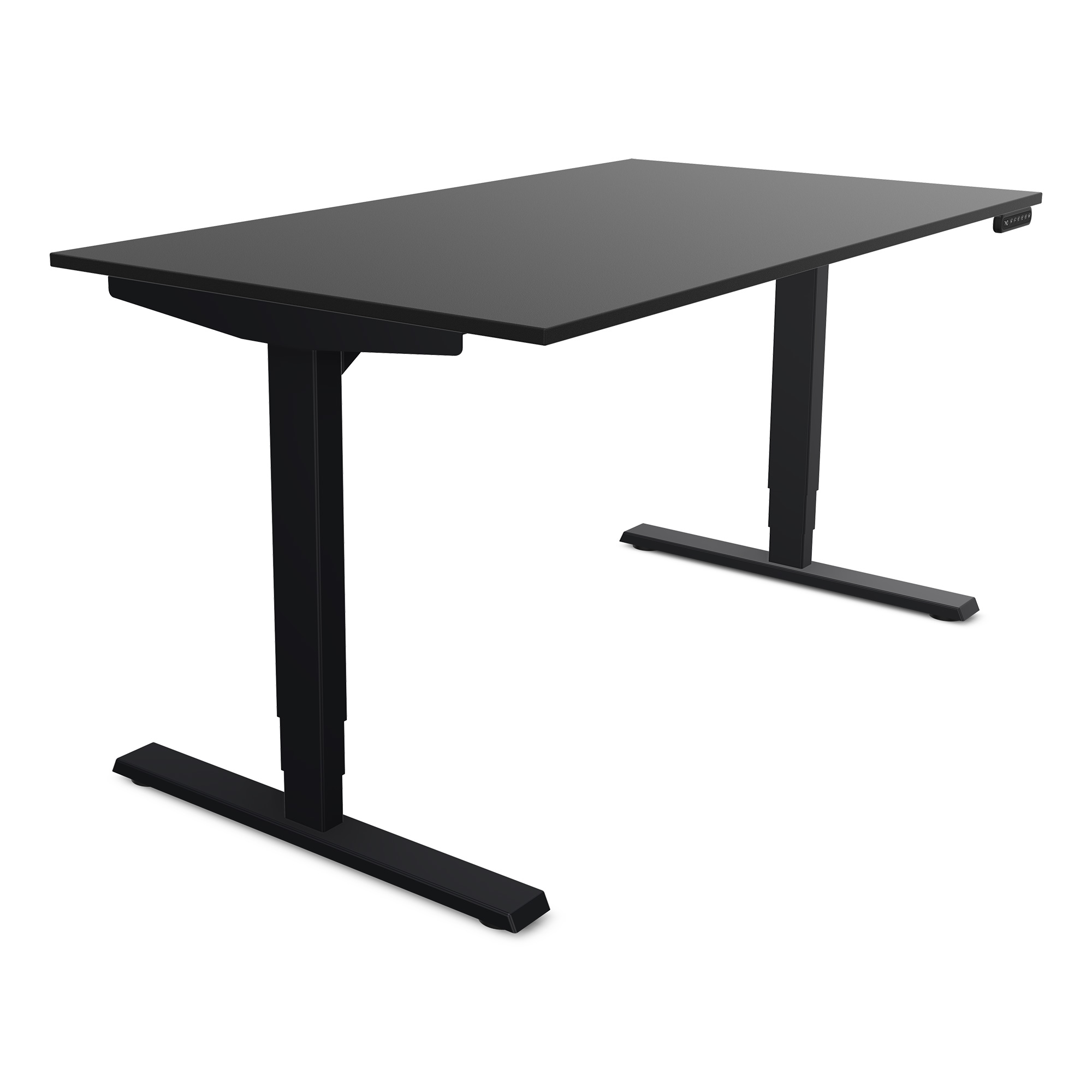 Elektrisch höhenverstellbarer Schreibtisch Y-Line Ein schwarzer Schreibtisch mit einem modernen Design und verstellbaren Beinen.