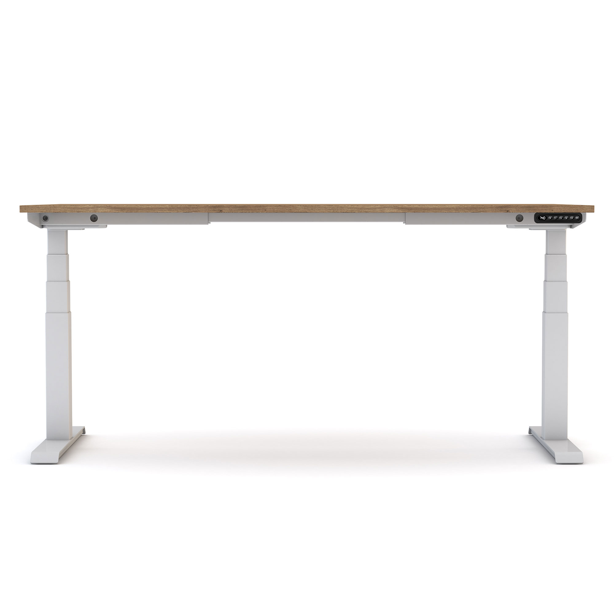 Ein höhenverstellbarer Schreibtisch mit einer Holzplatte und weißen Beinen.