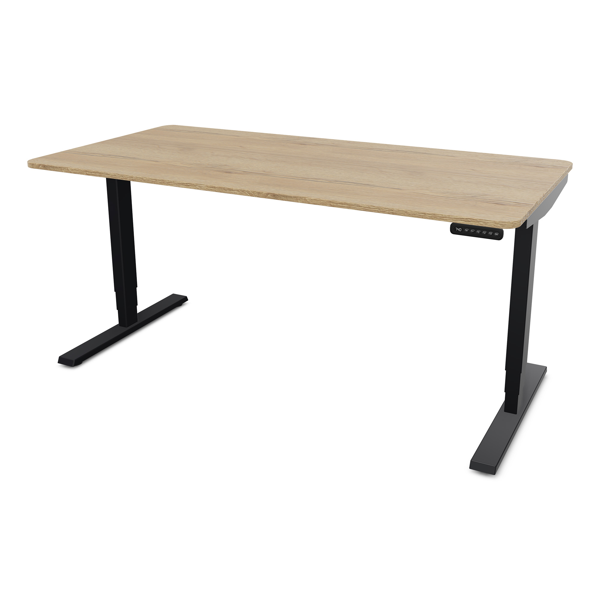 Elektrisch höhenverstellbarer Schreibtisch Y-Line Curved Ein moderner Schreibtisch mit einer Holzplatte und schwarzen Metallbeinen.