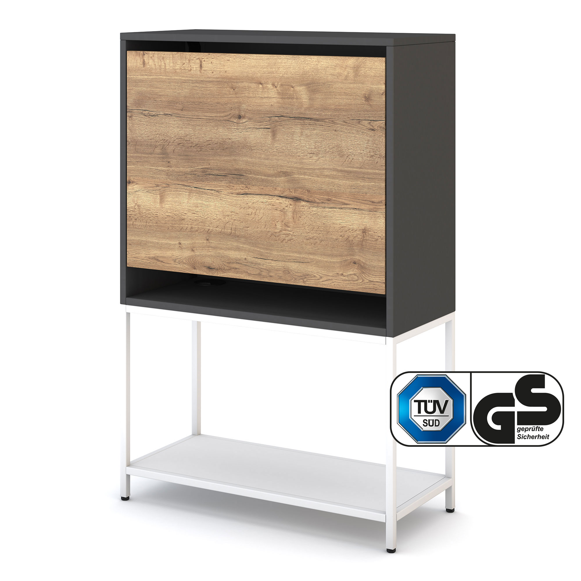 Sekretär Cubas Premium Ein moderner Schrank mit einer Holzfront und einem offenen Regal, auf einem weißen Gestell. Geprüfte Sicherheitssiegel sind sichtbar.