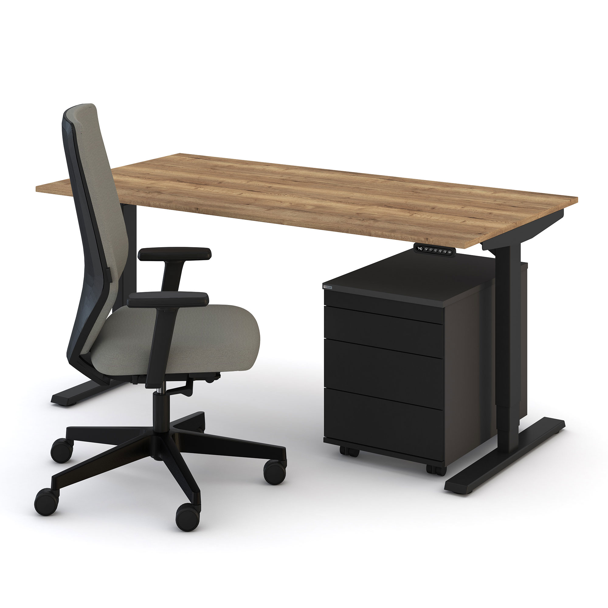 Ein moderner Schreibtisch aus Holz mit einer grauen Bürostuhl und einem schwarzen Rollcontainer mit vier Schubladen.