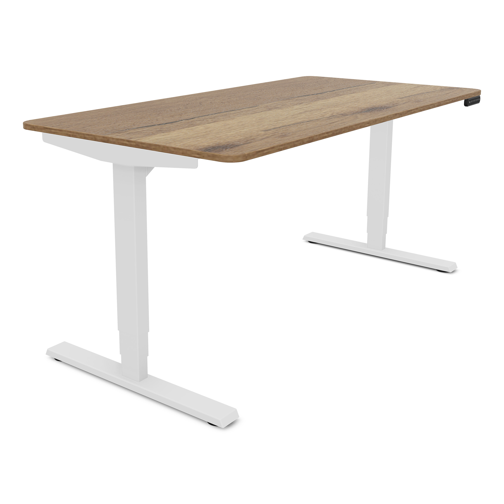 Ein höhenverstellbarer Tisch mit einer Holzplatte und weißen Beinen.