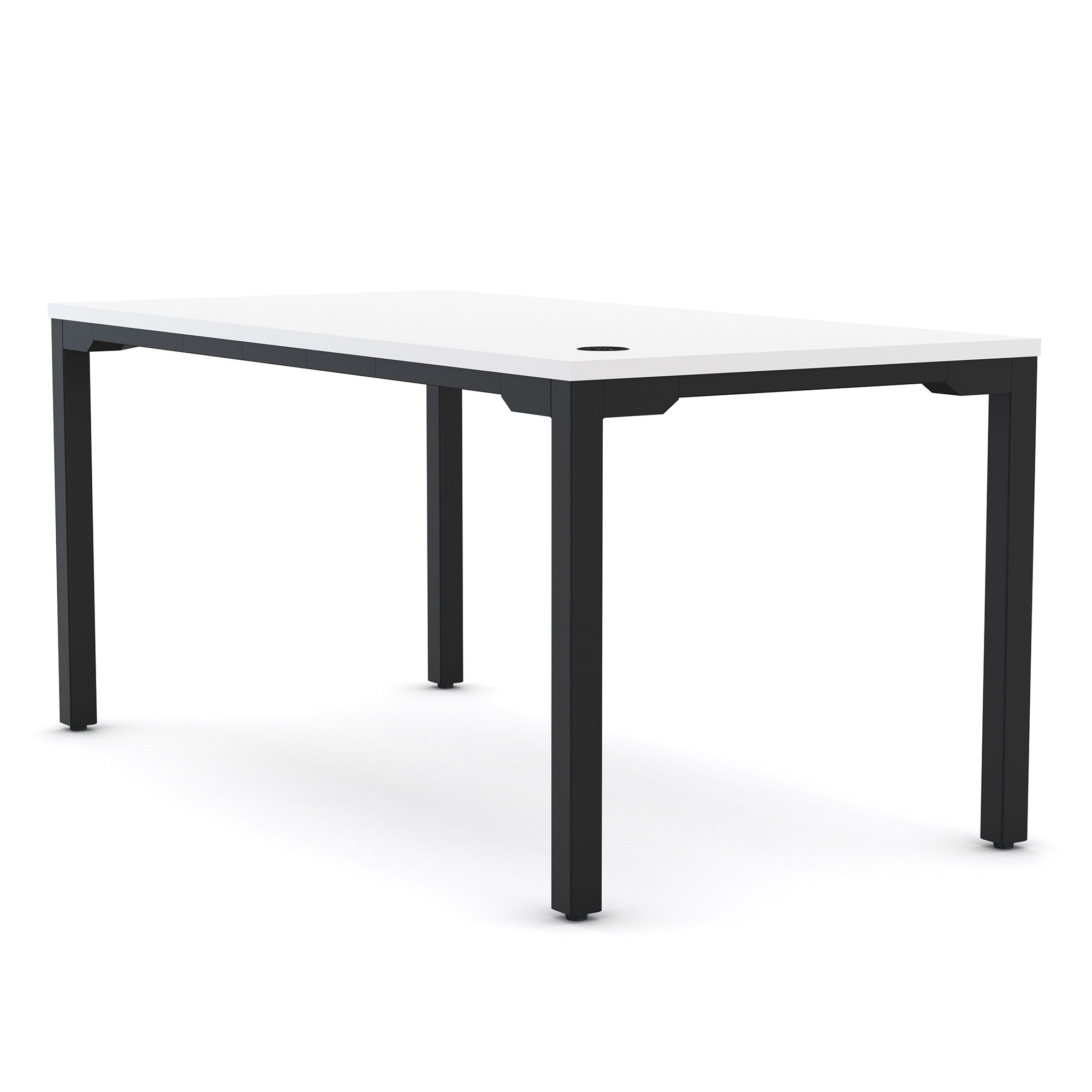 Schreibtisch mit weißer Tischplatte und schwarzem Metallgestell.