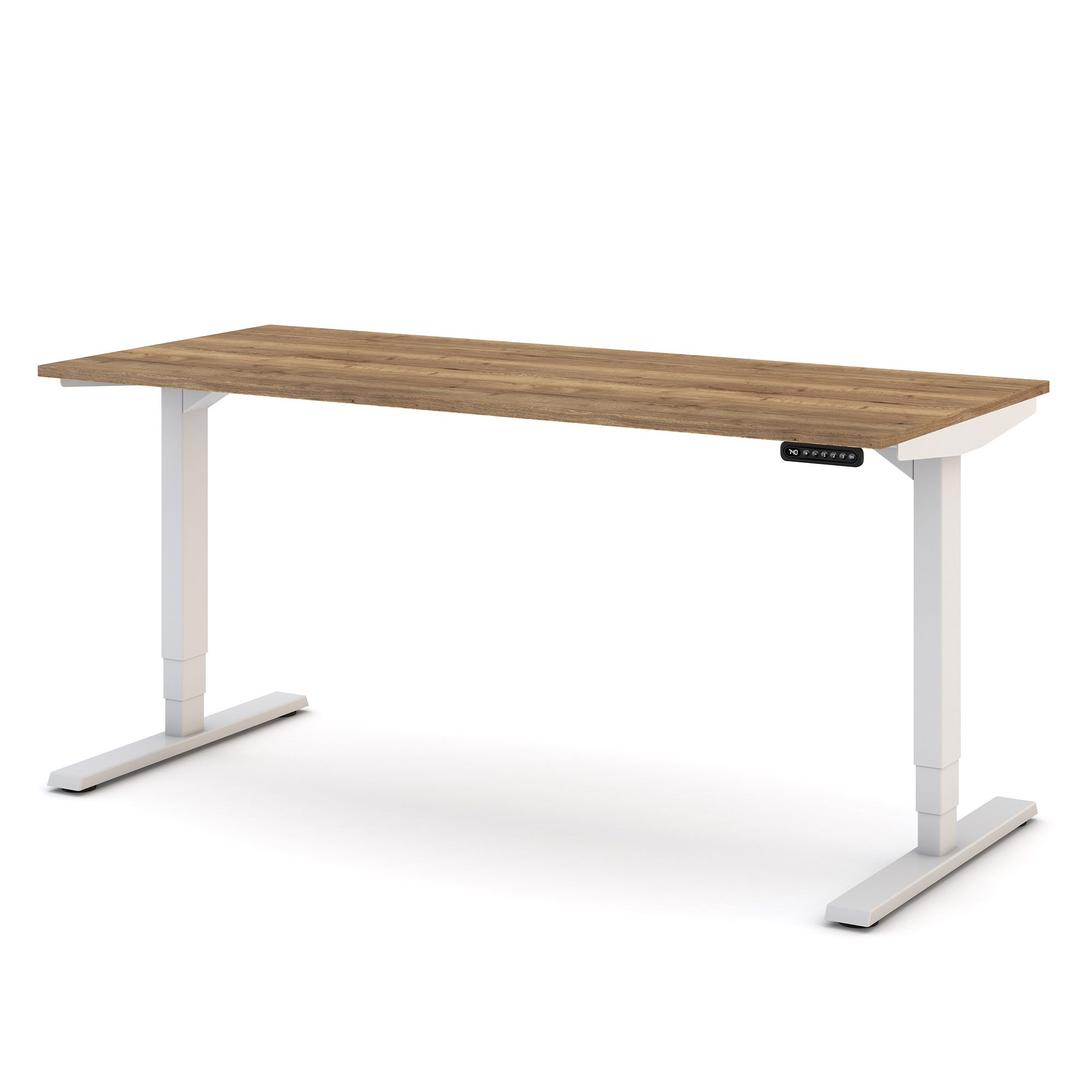 Höhenverstellbarer Schreibtisch mit weißem Gestell und Holzplatte in Eicheoptik.