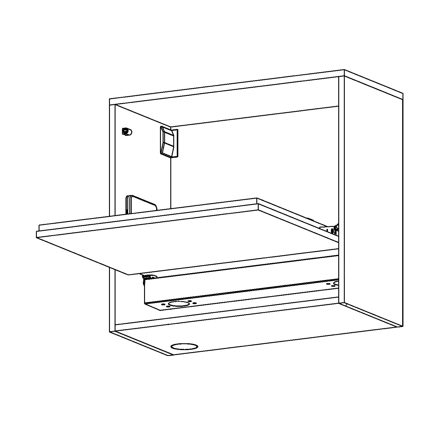 Technische Zeichnung eines aufklappbaren Wandgehäuses mit integrierter Ablage