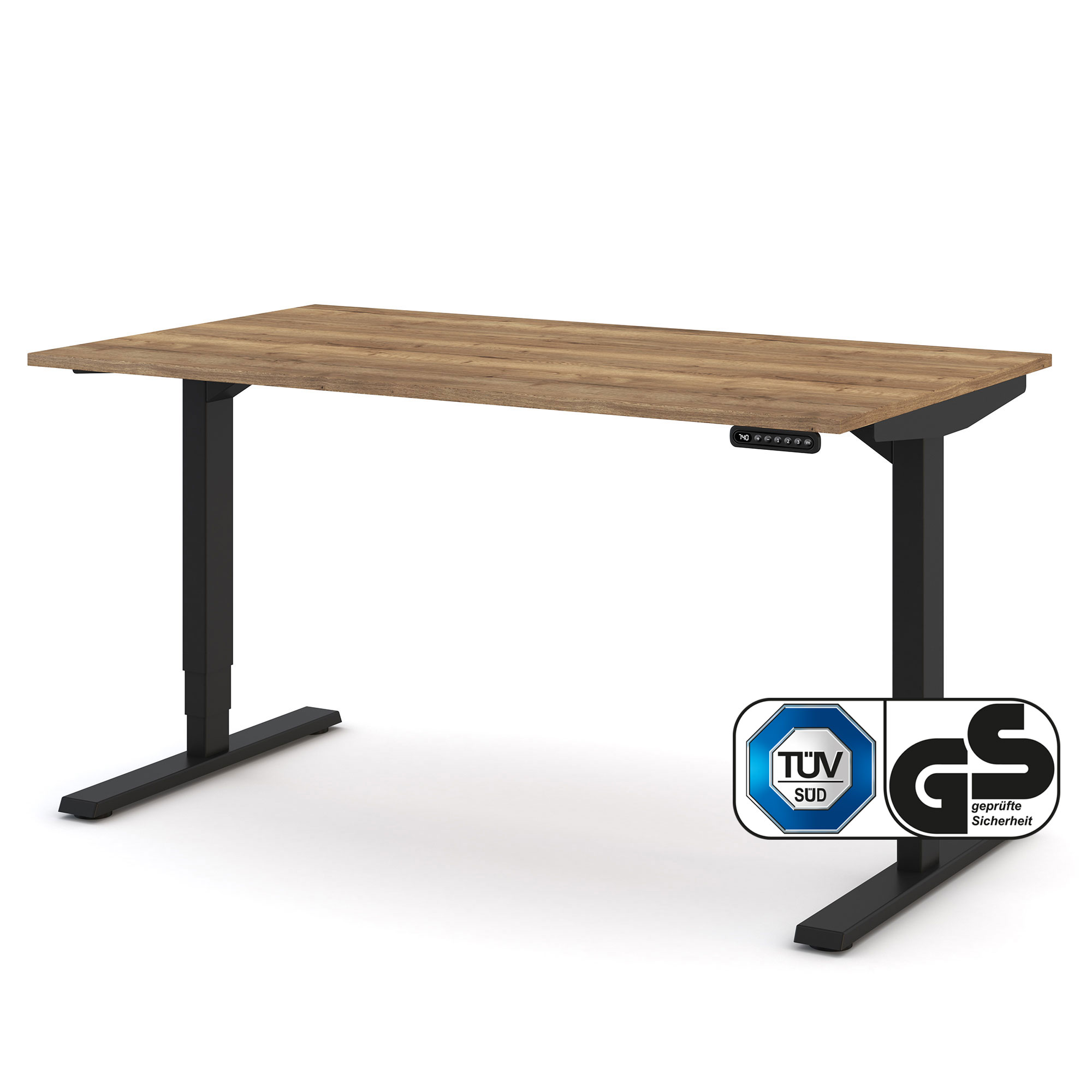 Elektrisch höhenverstellbarer Schreibtisch Y-Line Höhenverstellbarer Schreibtisch mit dunkler Holzplatte, schwarzem Gestell und TÜV GS Zertifikat.