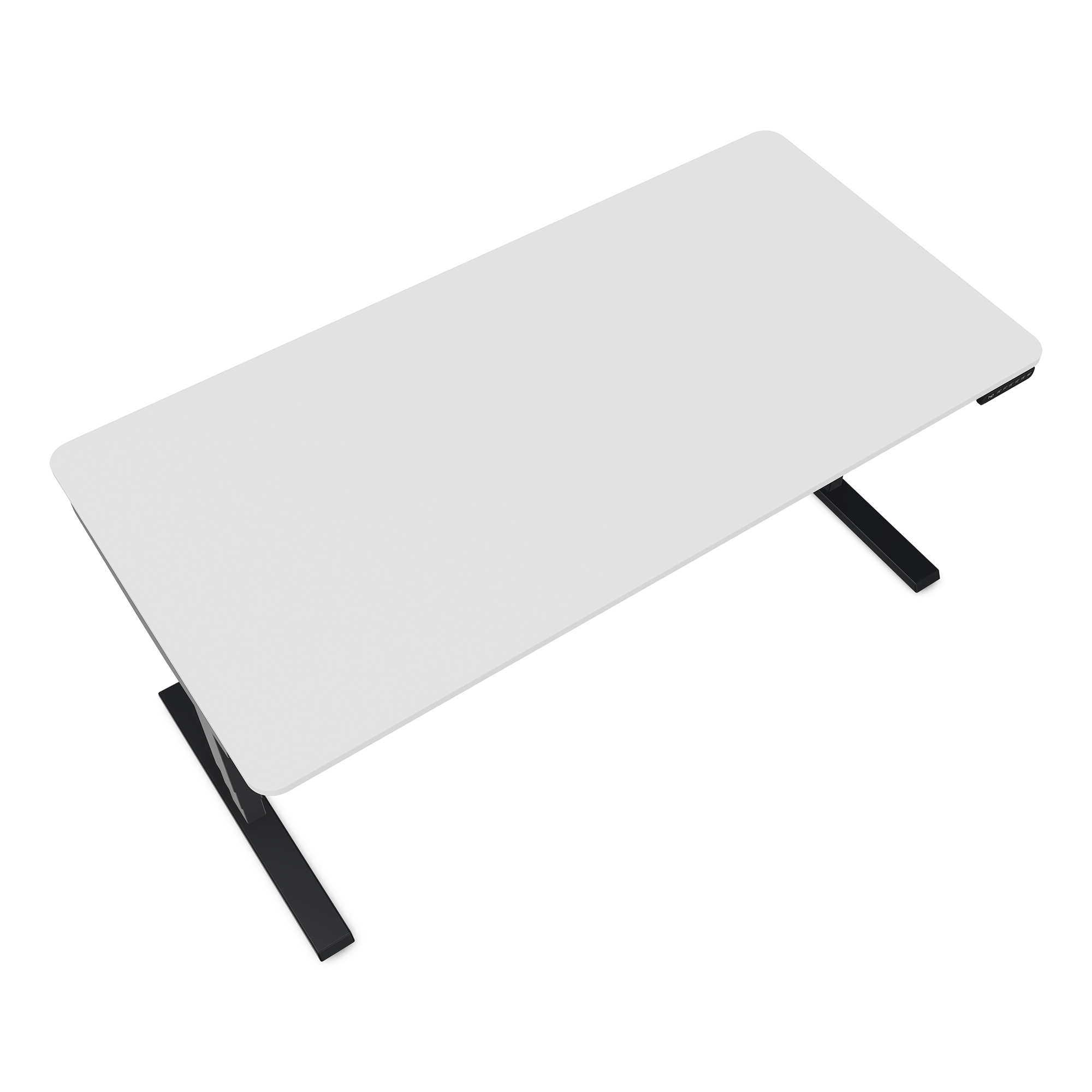 Ein höhenverstellbarer Schreibtisch mit einer weißen Tischplatte und schwarzen Füßen.