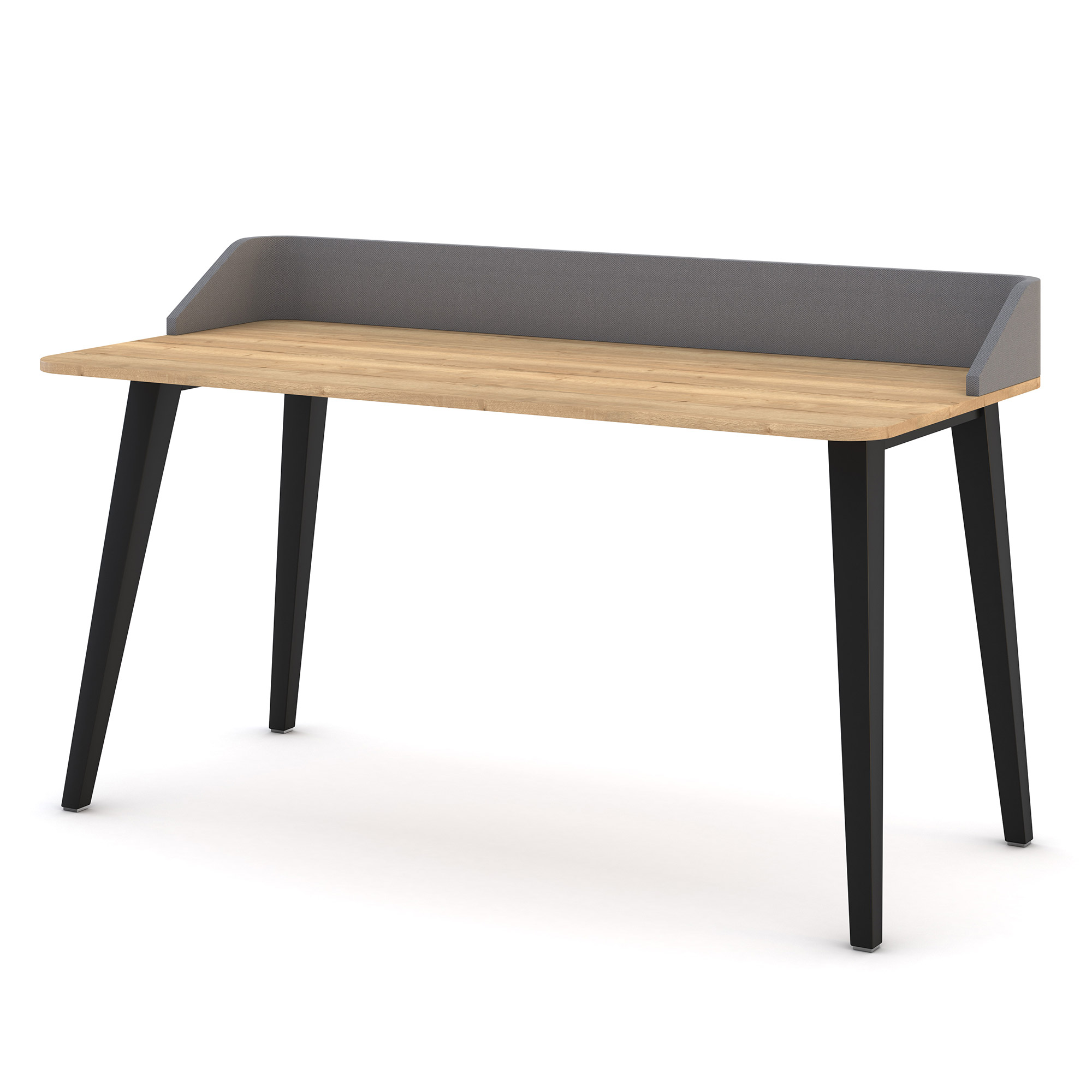 Sekretär Retaro Schreibtisch mit Holzplatte, schwarzem Metallgestell und grauer Rückwand als Blendschutz.