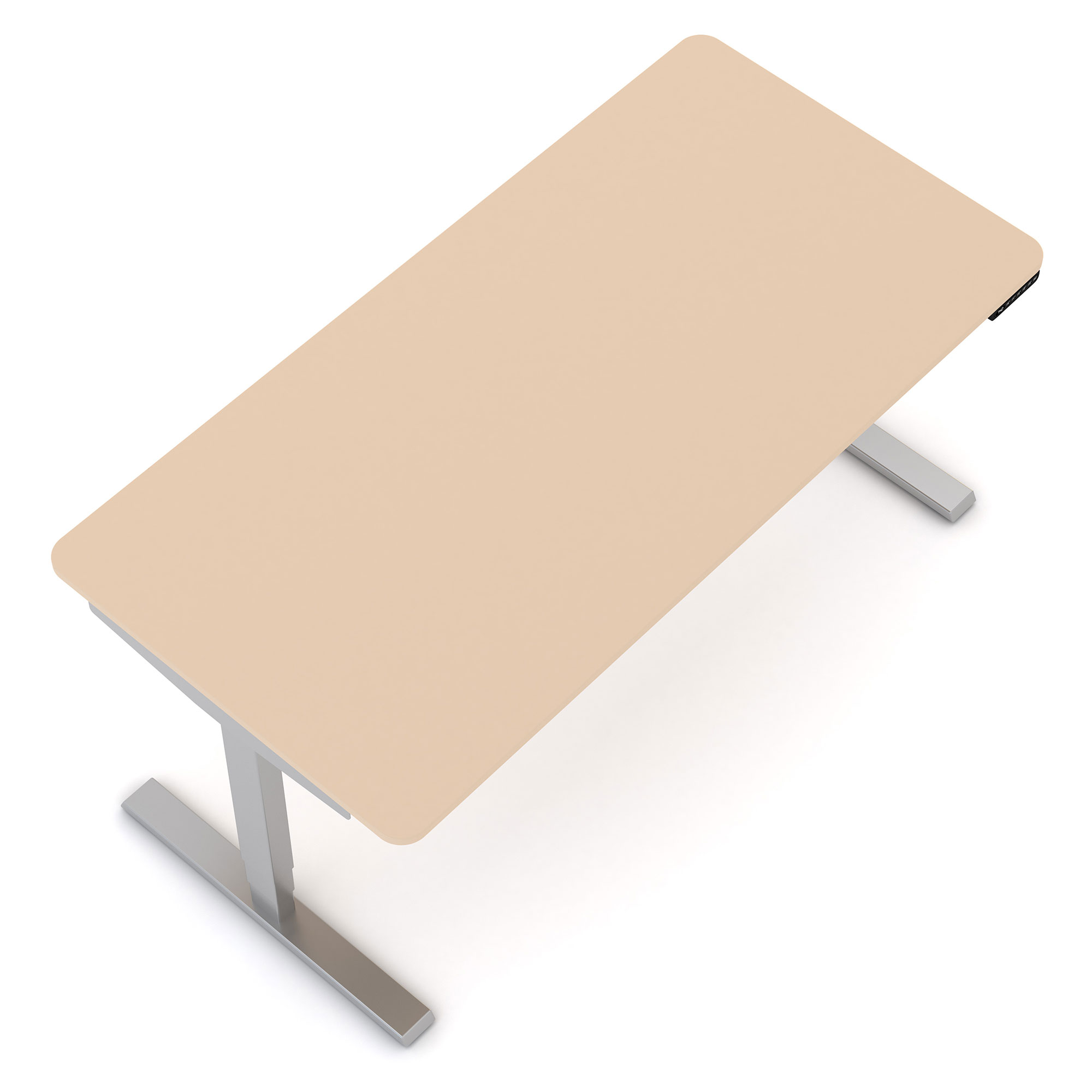Schreibtischplatte in Beige mit silberfarbenem höhenverstellbarem Gestell.