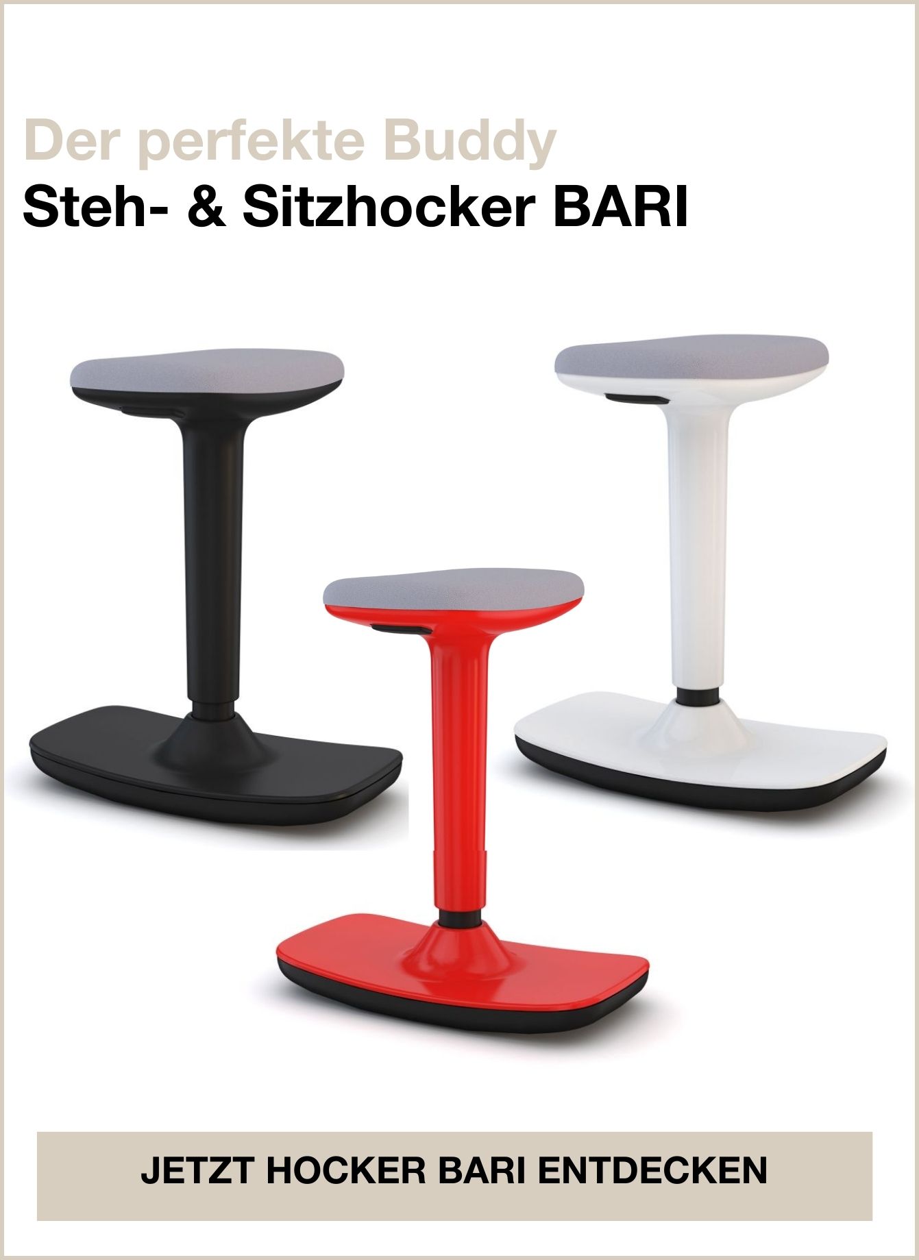 Drei Steh- und Sitzhocker in Schwarz, Weiß und Rot.