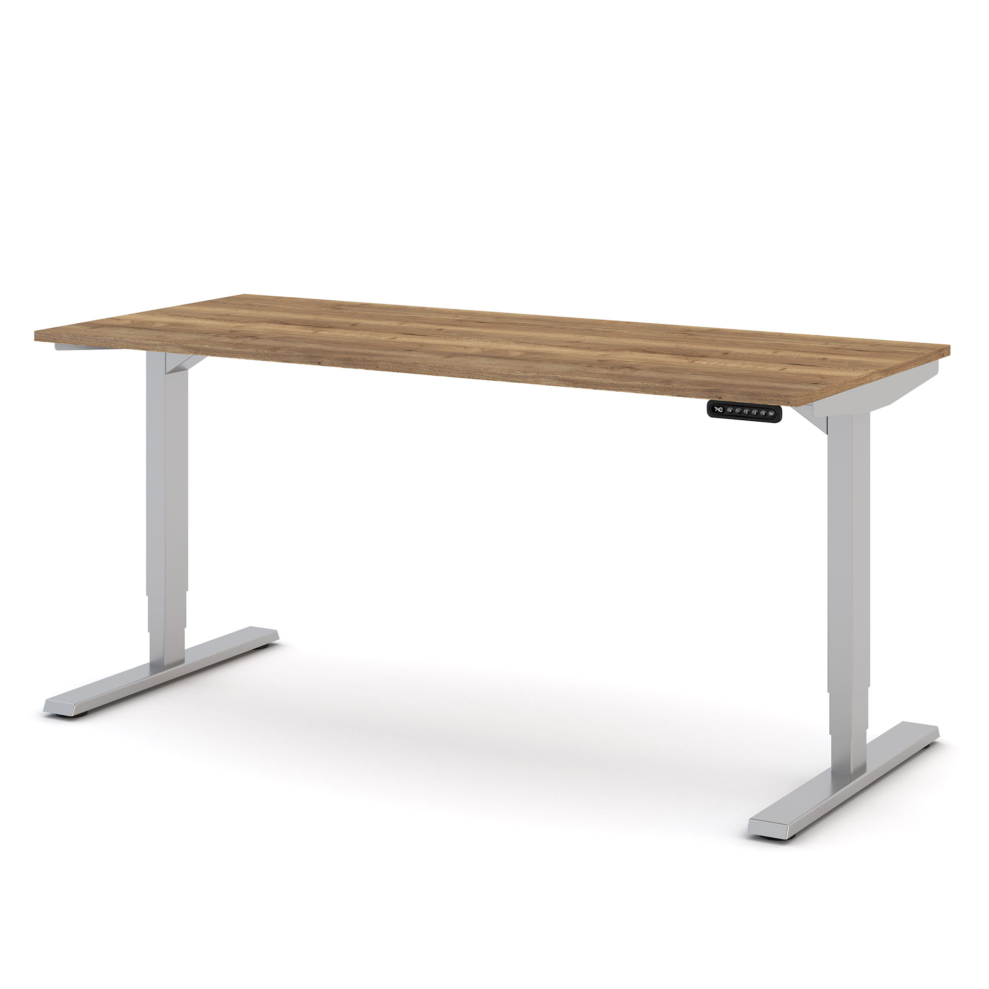 Ein höhenverstellbarer Schreibtisch mit Holzplatte und silbernen Beinen.
