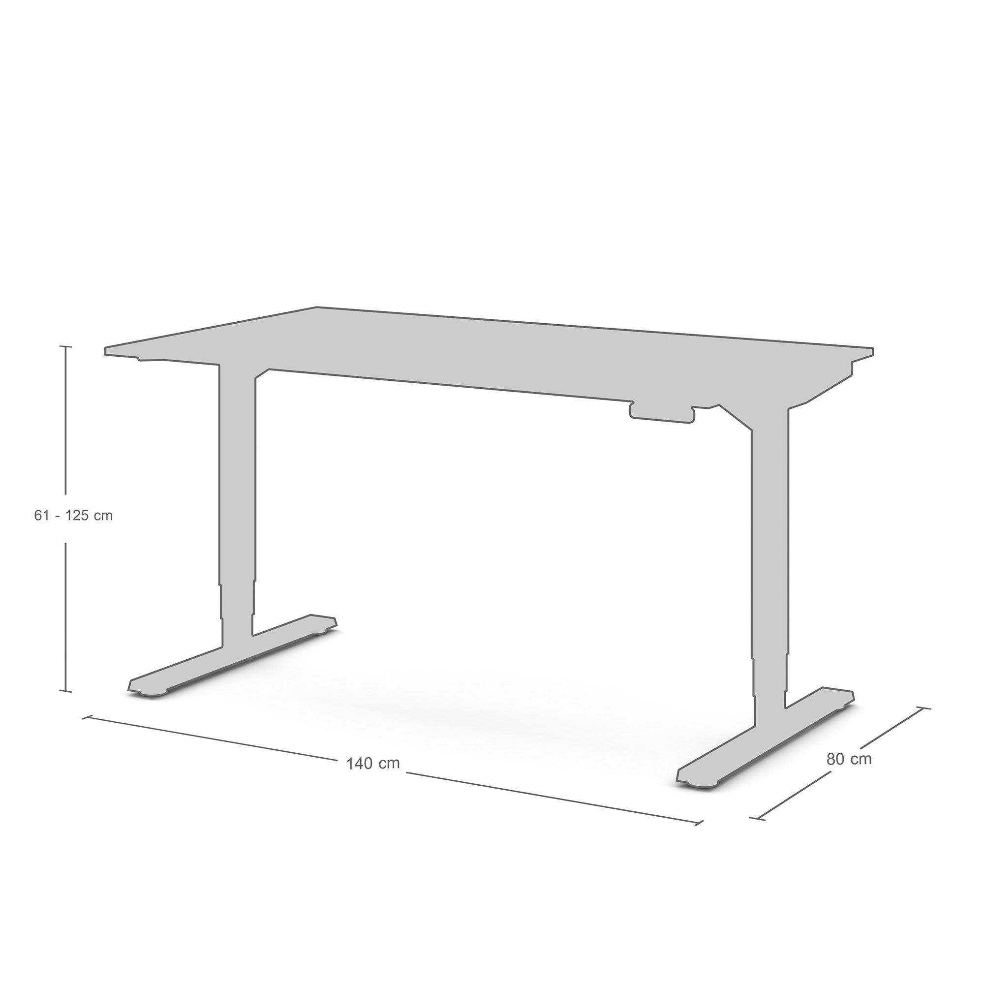 Skizze des elektrisch höhenverstellbaren Schreibtischs ASSMANN Modell ‘Y-Line’ mit Rechteck-Tischplatte. Maße: 140 cm Breite × 80 cm Tiefe; Höhenverstellbereich etwa 62 cm bis 127 cm. Darstellung in Grautönen mit Maßlinien und Pfeilen.
