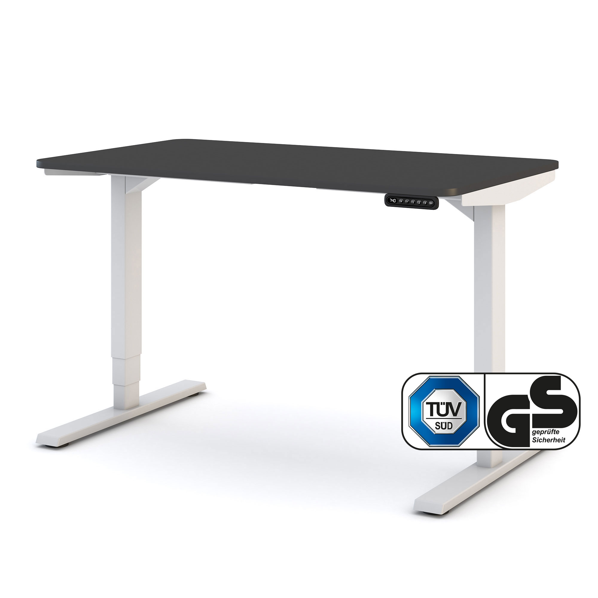 Elektrisch höhenverstellbarer Schreibtisch mit schwarzer Tischplatte und weißem Gestell – GS- und TÜV-zertifiziert für ergonomisches Arbeiten im Home-Office oder Büro
