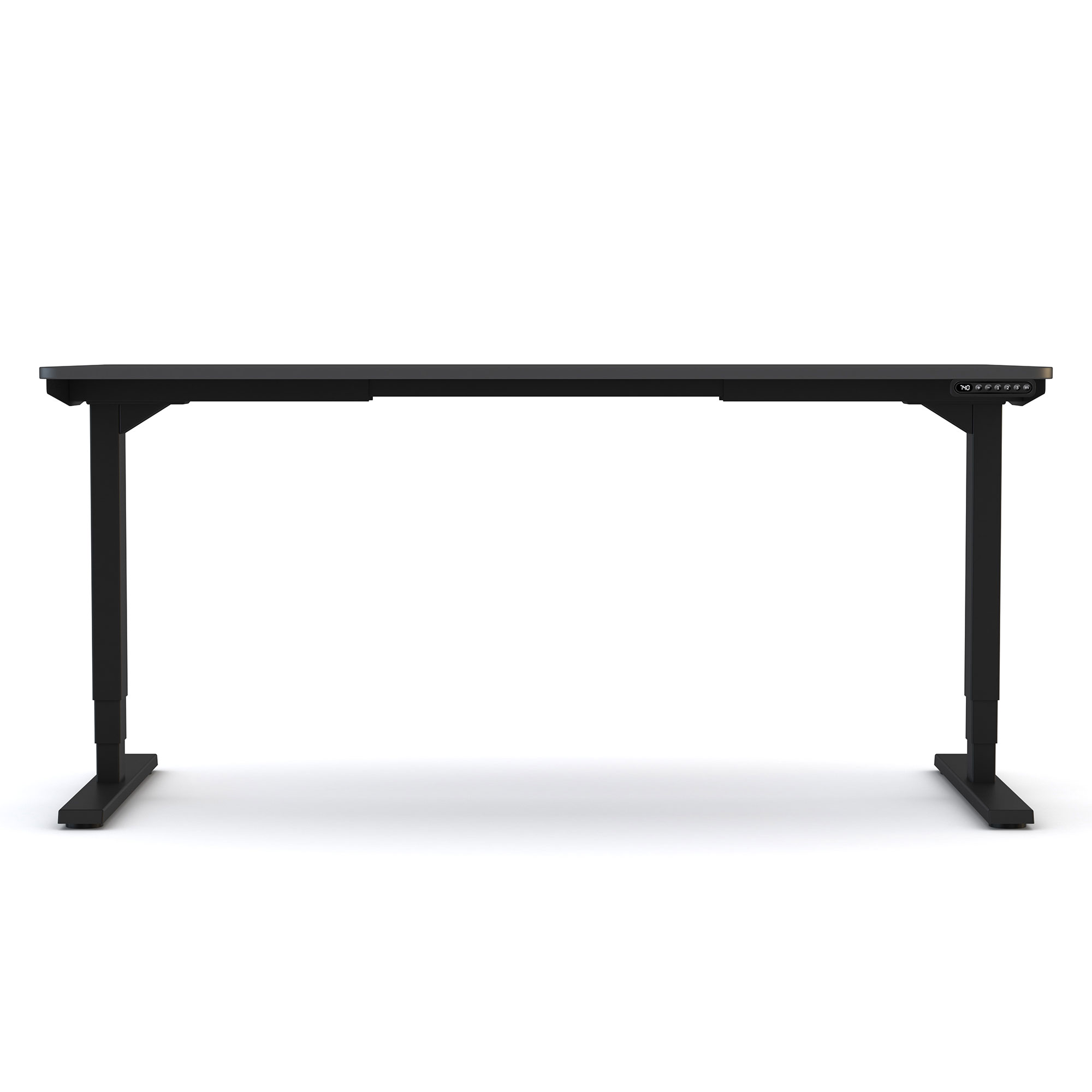 Ein schwarzer Schreibtisch mit einem minimalistischen Design und elektrischen Höhenverstellfunktionen.