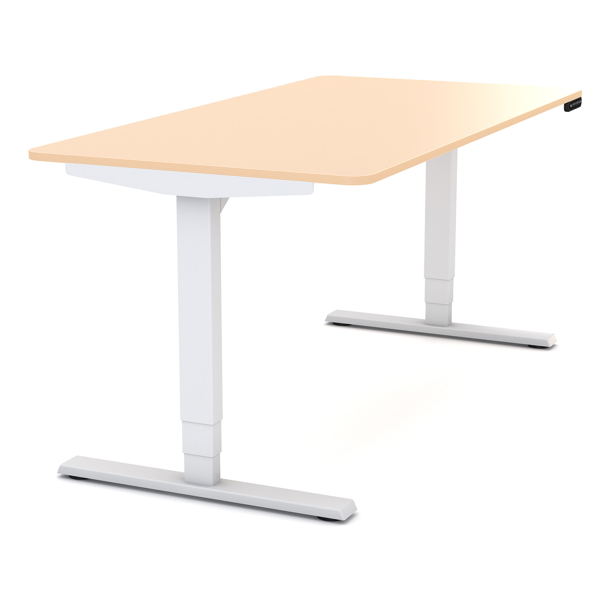 Schreibtisch mit hellem Holzdekor und weißem höhenverstellbarem Gestell.