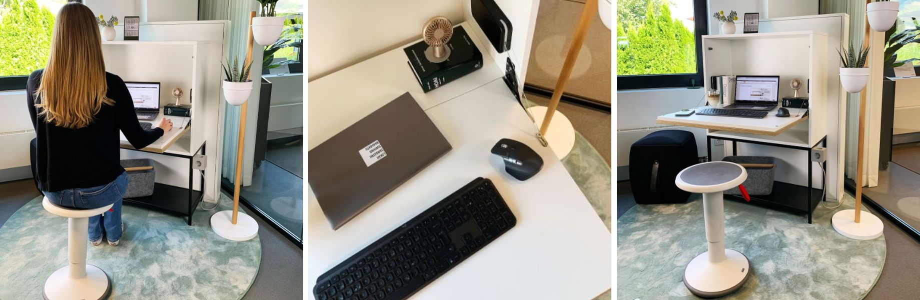 Home-Office Arbeitsplatz mit weißem Schreibtisch, Pflanzenständer und ergonomischem Hocker