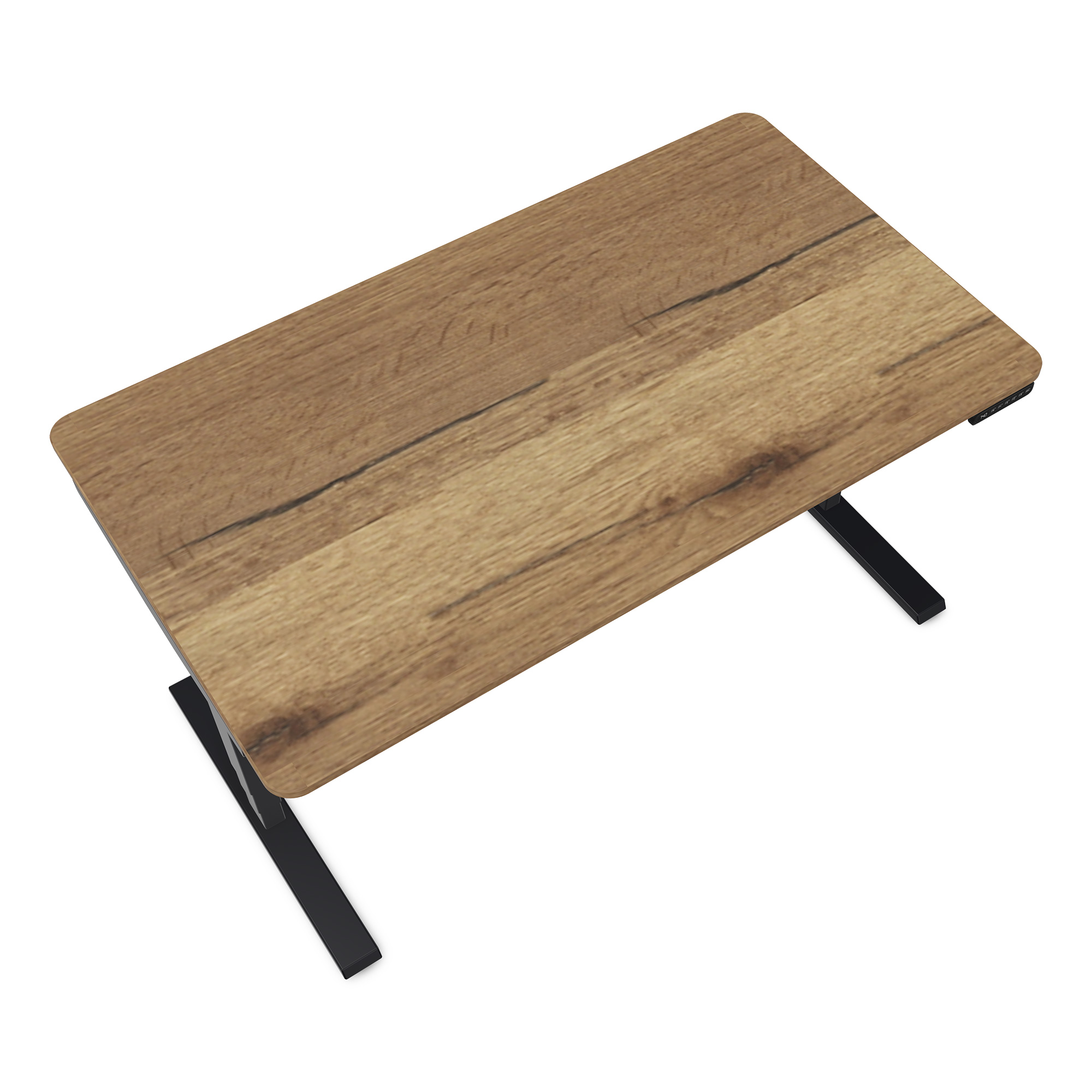 Ein moderner Schreibtisch mit einer Holzplatte und schwarzen Metallbeinen.