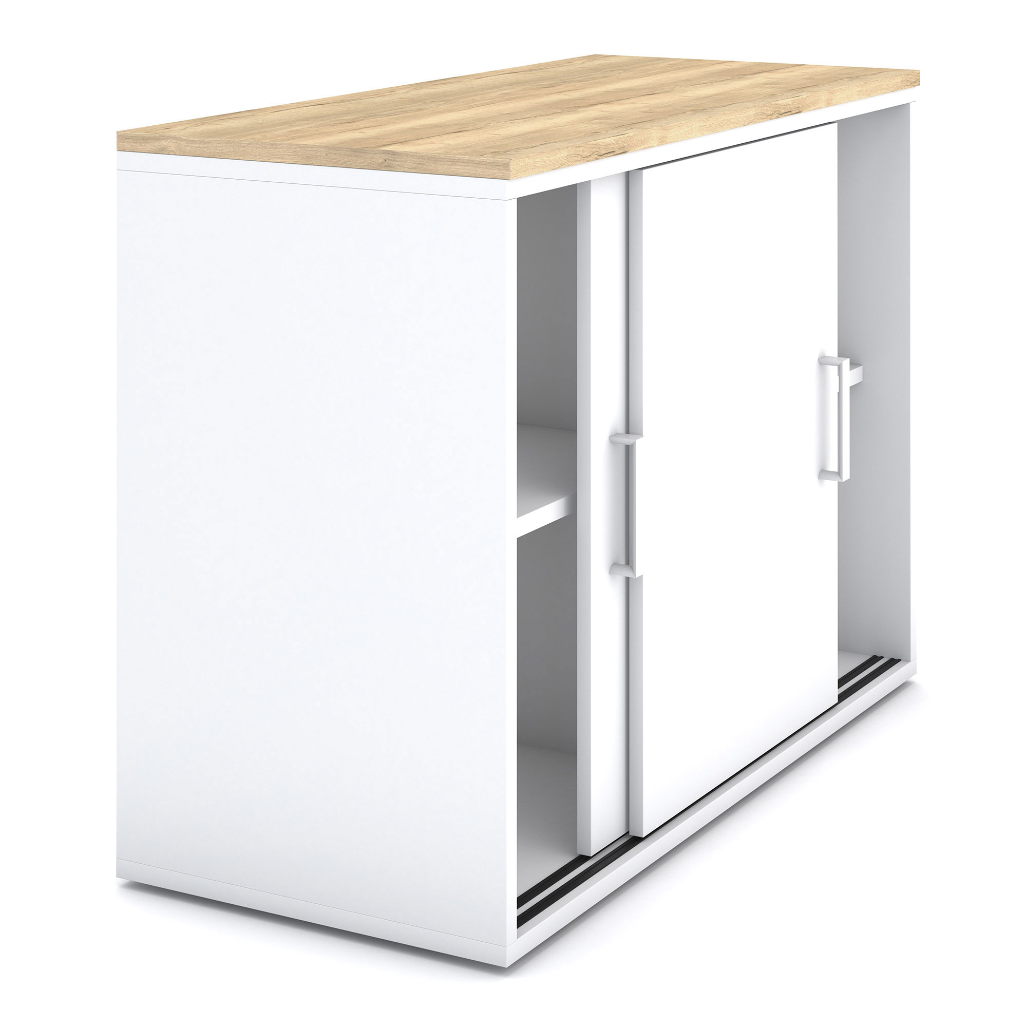 Weißer Stauschrank mit Schiebetüren und Holzoberfläche.