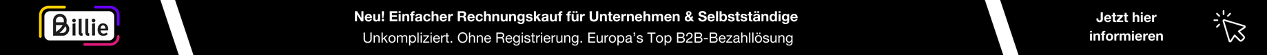 Banner mit Billie-Logo und Hinweis auf einfachen Rechnungskauf für Unternehmen und Selbstständige bei ASSMANN HOME