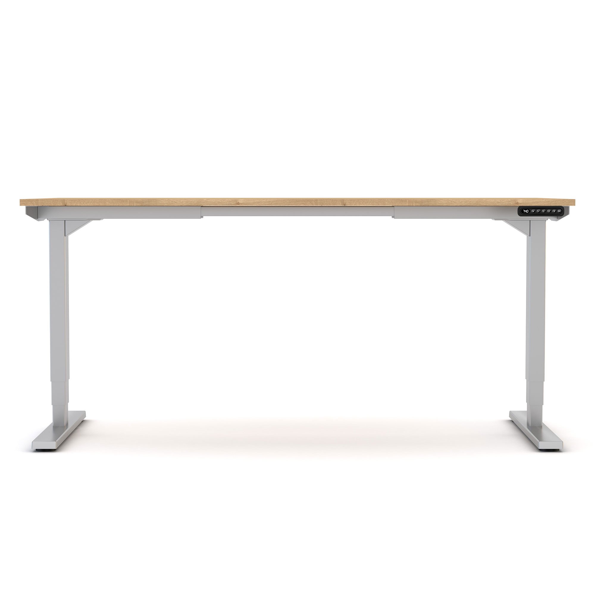 Höhenverstellbarer Schreibtisch mit Holzplatte und silbernem Gestell in frontaler Ansicht