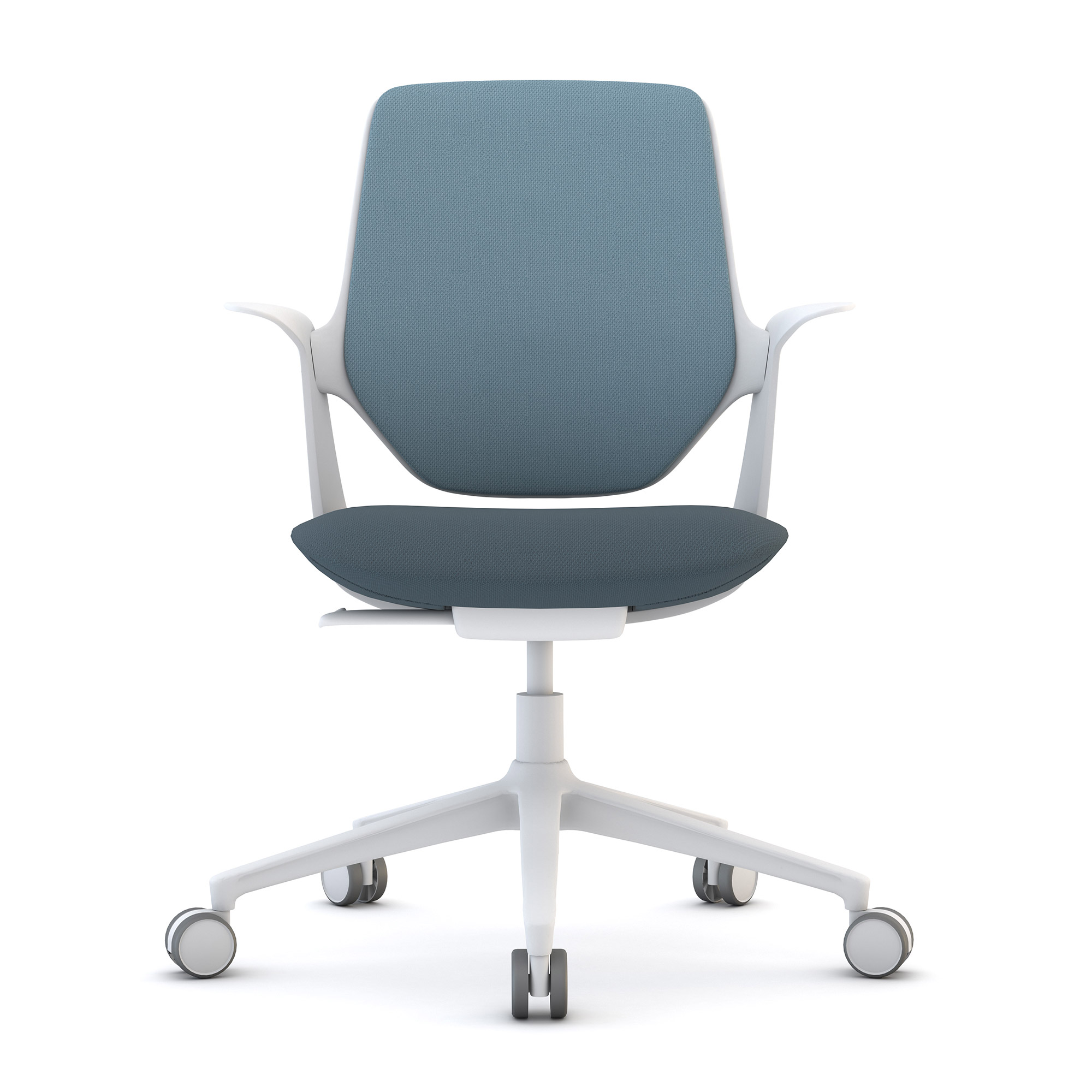 Ergonomischer Bürostuhl mit weißem Gestell und blauer Polsterung auf Rollen