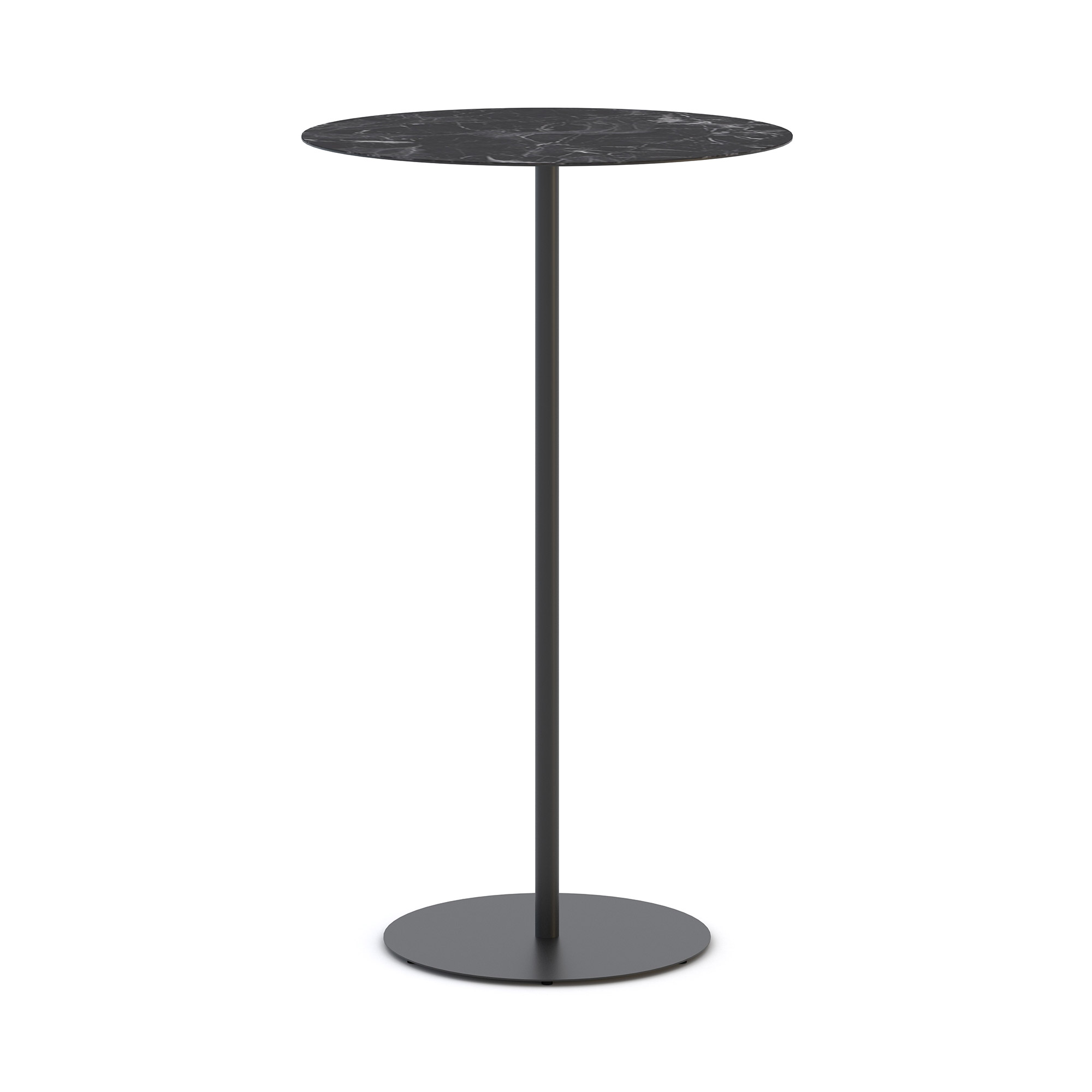 Beistelltisch Consento Pesaro high Ein schwarzer Tisch mit runder Tischplatte und einem dünnen Stamm.