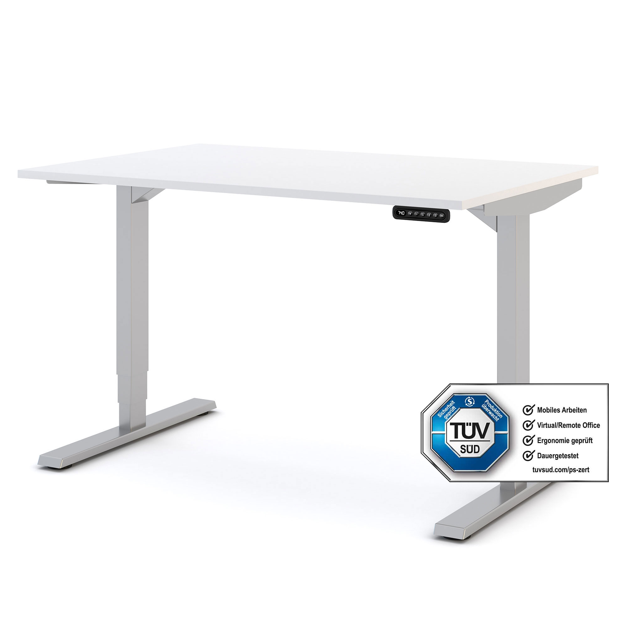 Der Tisch ist ein höhenverstellbarer Schreibtisch mit einer weißen Tischplatte und einem silbernen Gestell. Ein TÜV-Siegel weist auf ergonomische Eigenschaften hin.