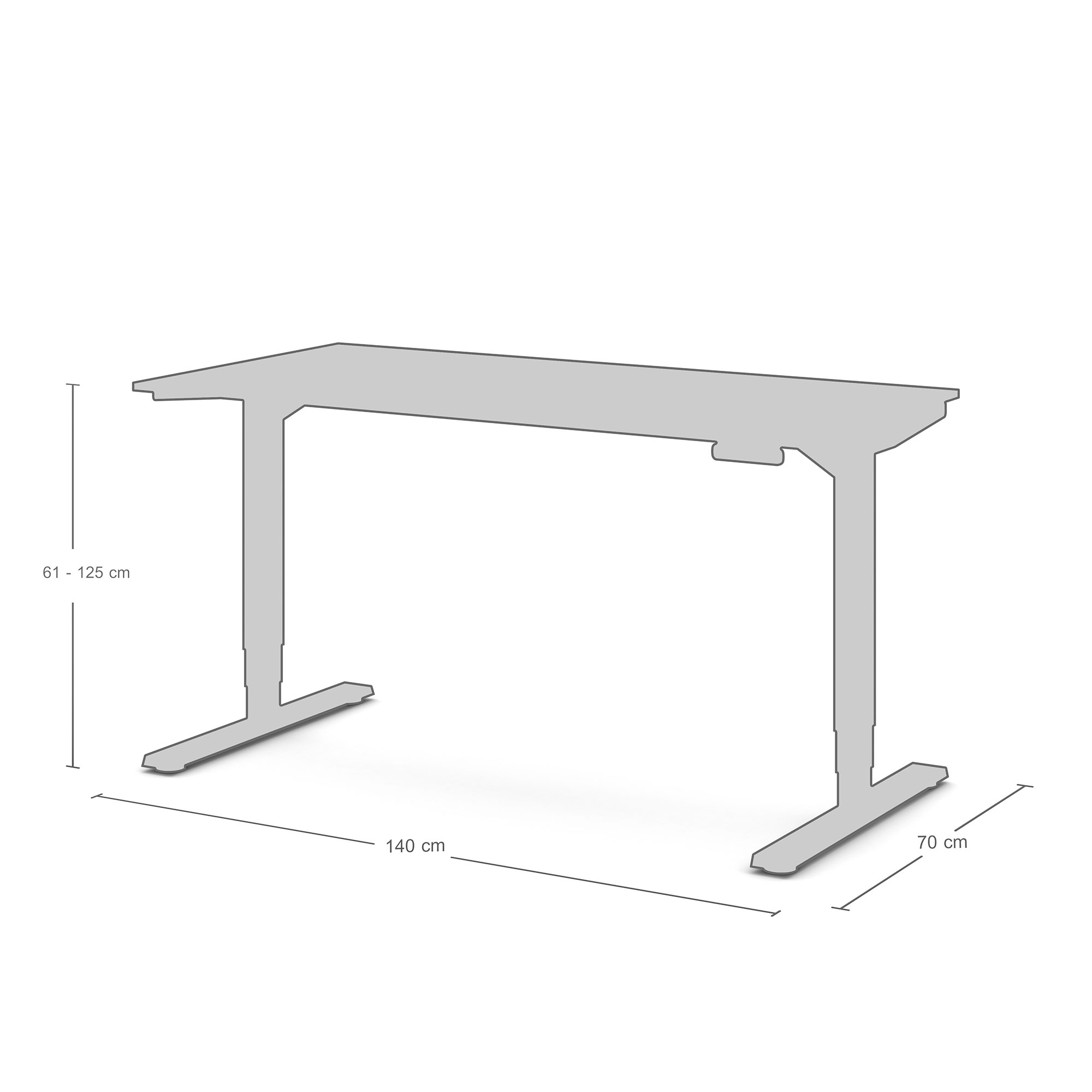 Technische Zeichnung des elektrisch höhenverstellbaren Schreibtischs Modell ‘Y-Line’ von ASSMANN mit rechteckiger Tischplatte (Maße: 140 cm Breite × 70 cm Tiefe); Darstellung in Grautönen mit Maßlinien.