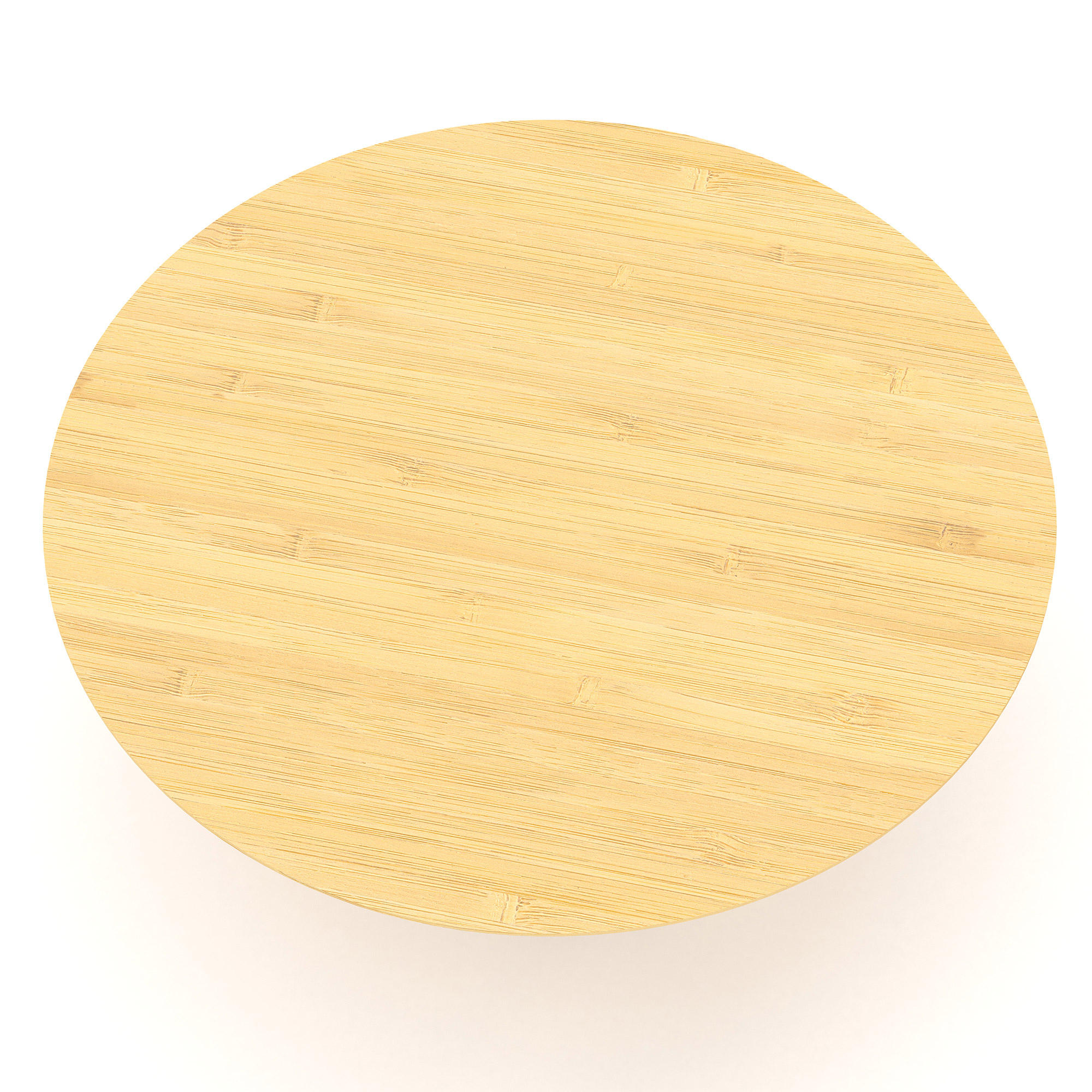 Runde Tischplatte aus hellem Bambus in Draufsicht auf weißem Hintergrund.