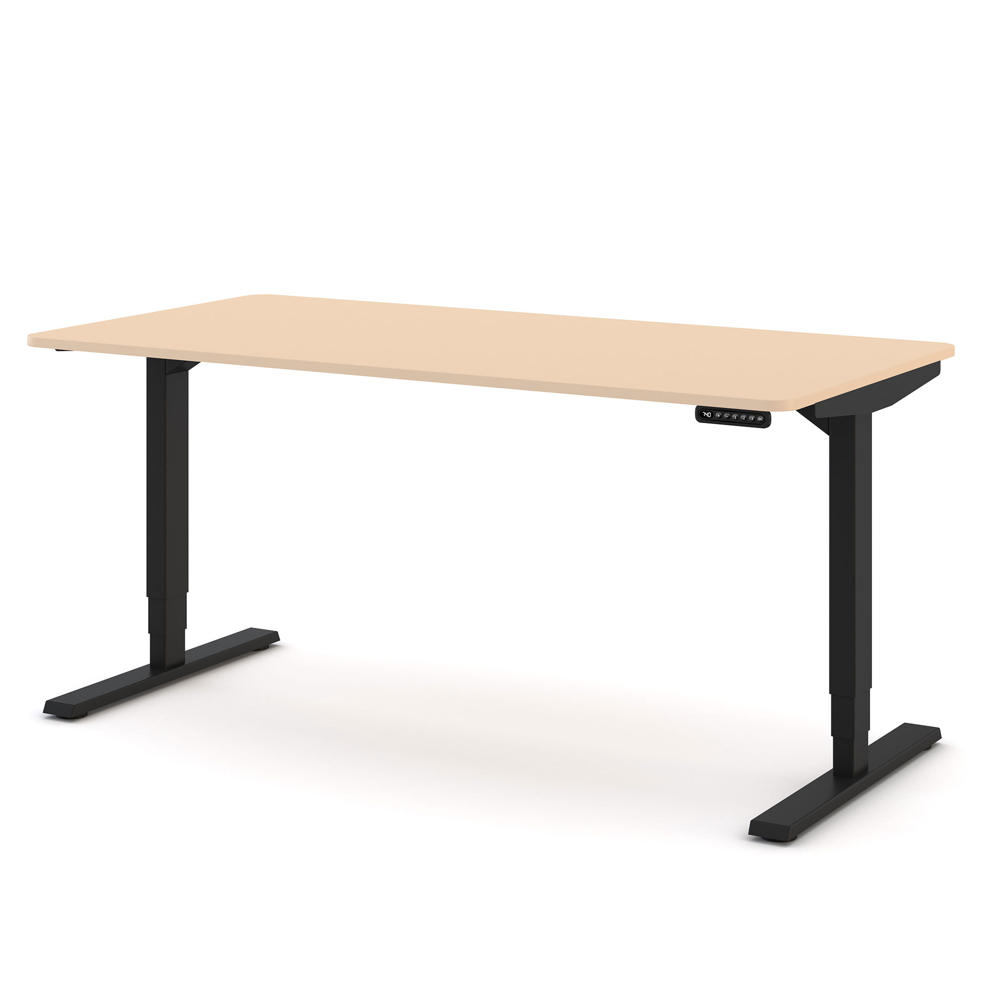 Ein höhenverstellbarer Schreibtisch mit einer hellen Tischplatte und schwarzen Metallbeinen.