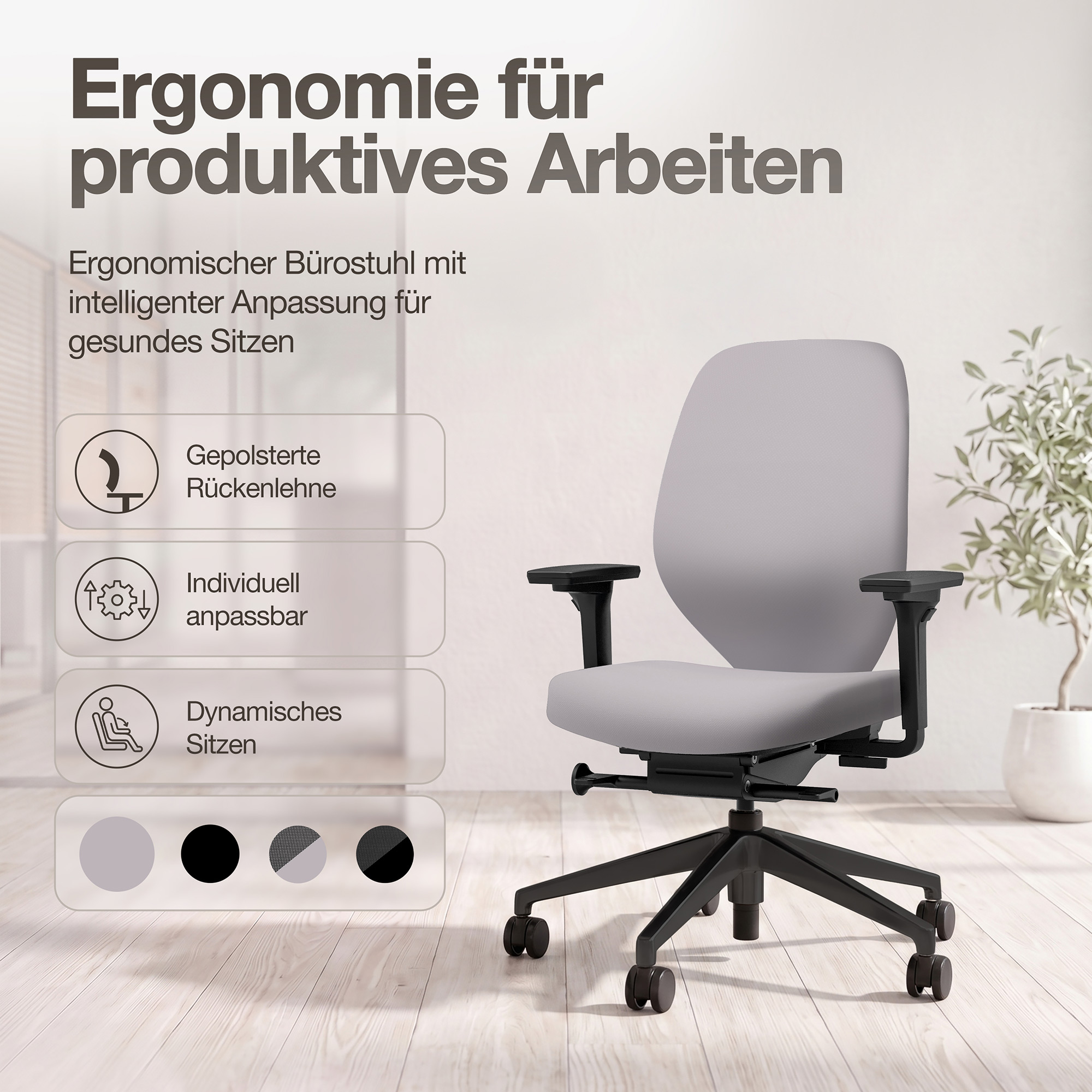 Ergonomischer Bürostuhl Atessa mit Polsterrücken in hellgrau