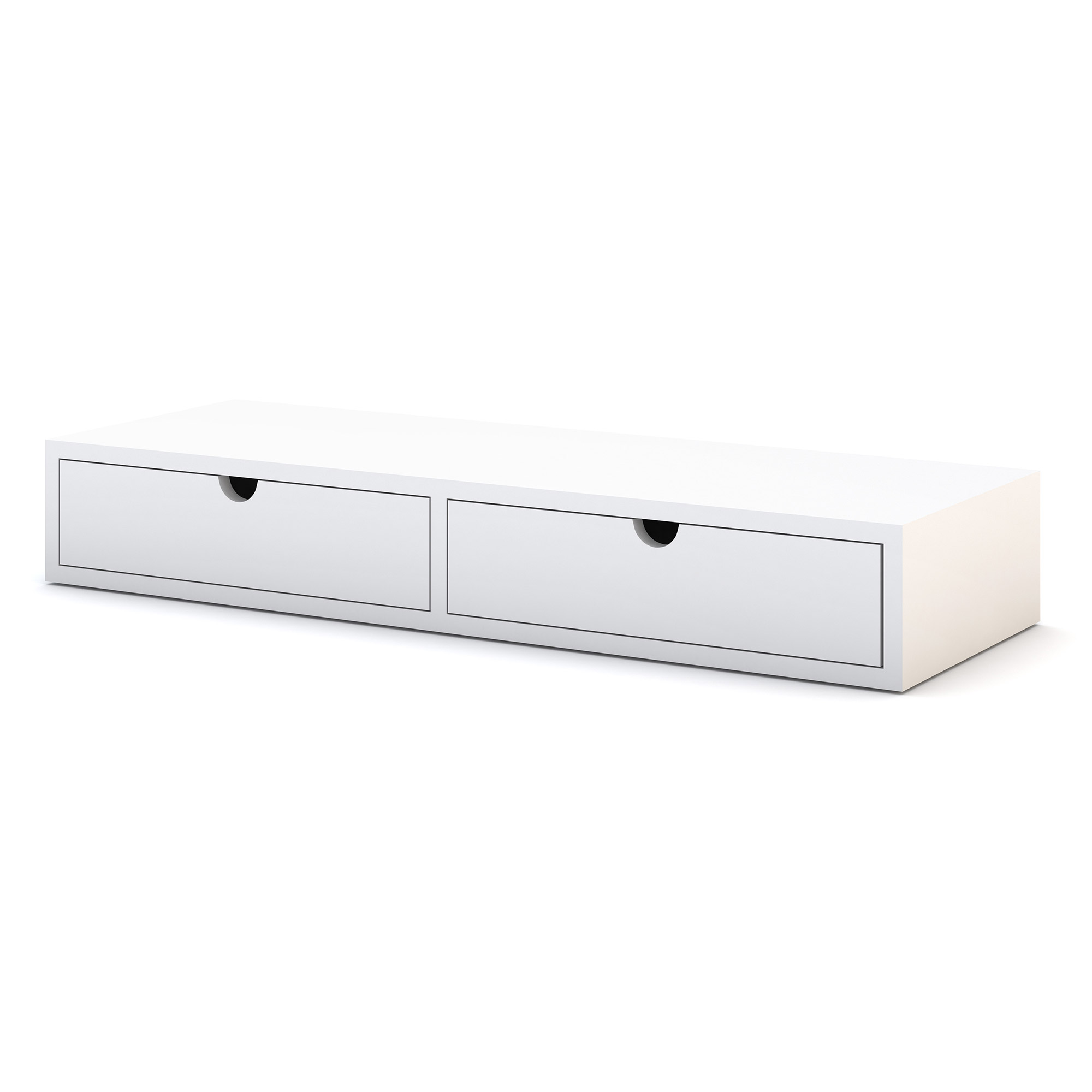 Schubkasten Retaro Ein weißer TV-Unterschrank mit zwei Schubladen.