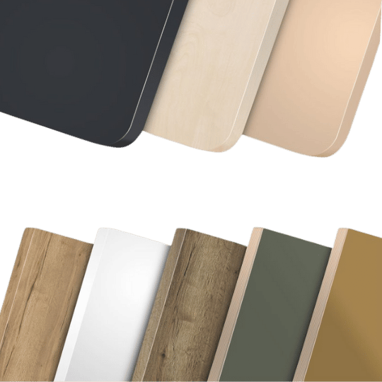 Verschiedene Tischplatten-Farben mit abgerundeten Ecken, ideal zur individuellen Bürogestaltung