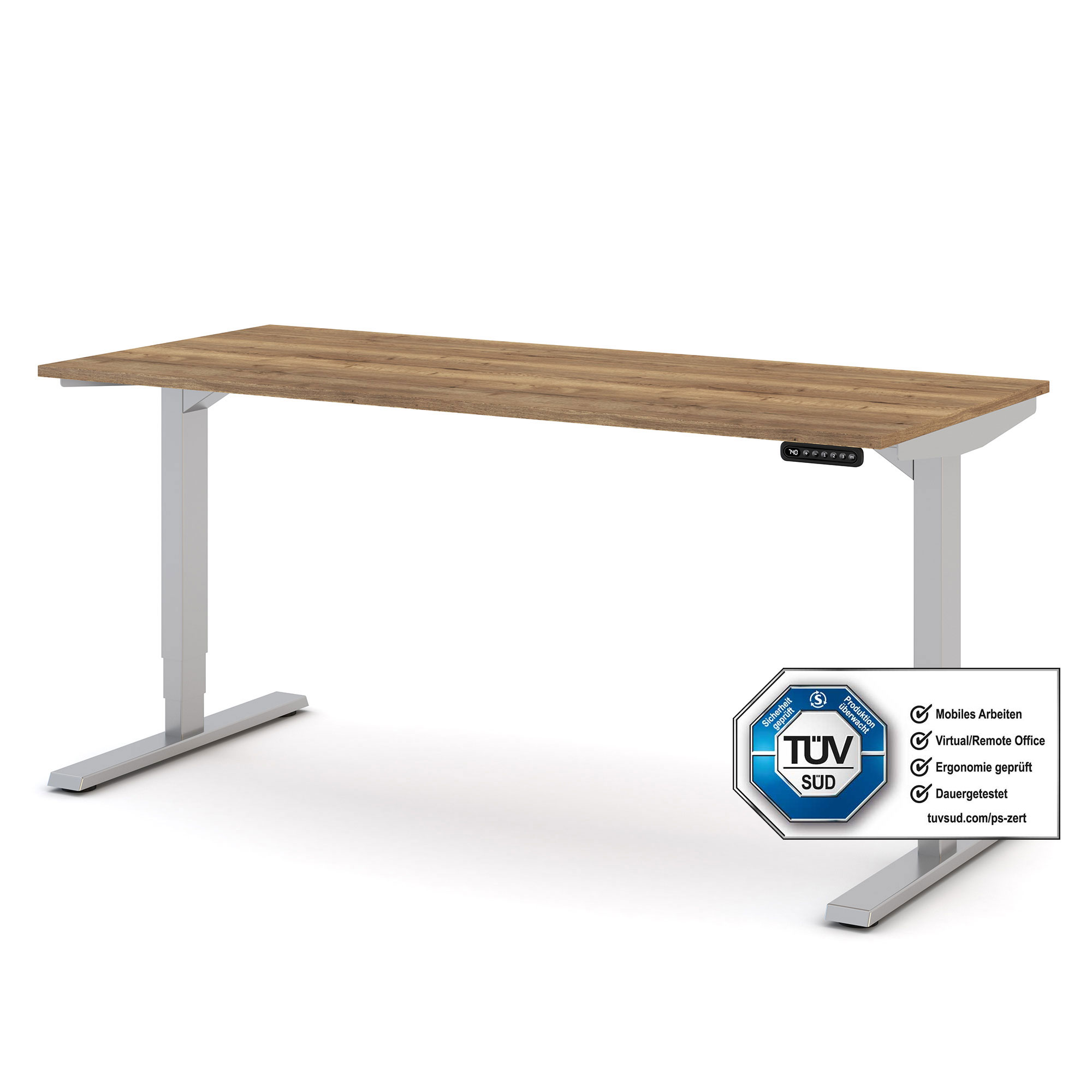 Höhenverstellbarer Schreibtisch mit Holzplatte und TÜV SÜD Zertifizierung.
