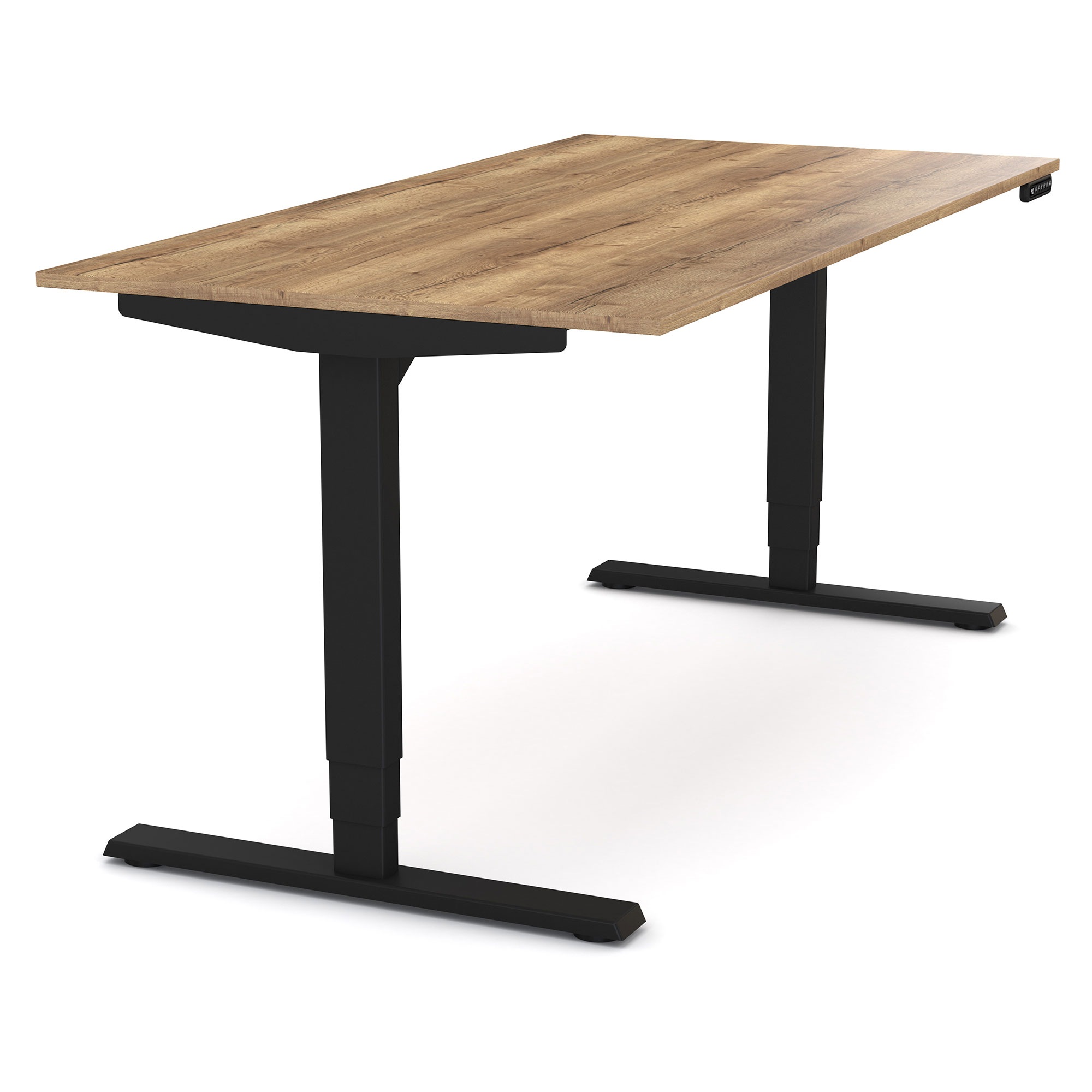 Höhenverstellbarer Schreibtisch mit schwarzem Gestell und Tischplatte in Holzoptik.