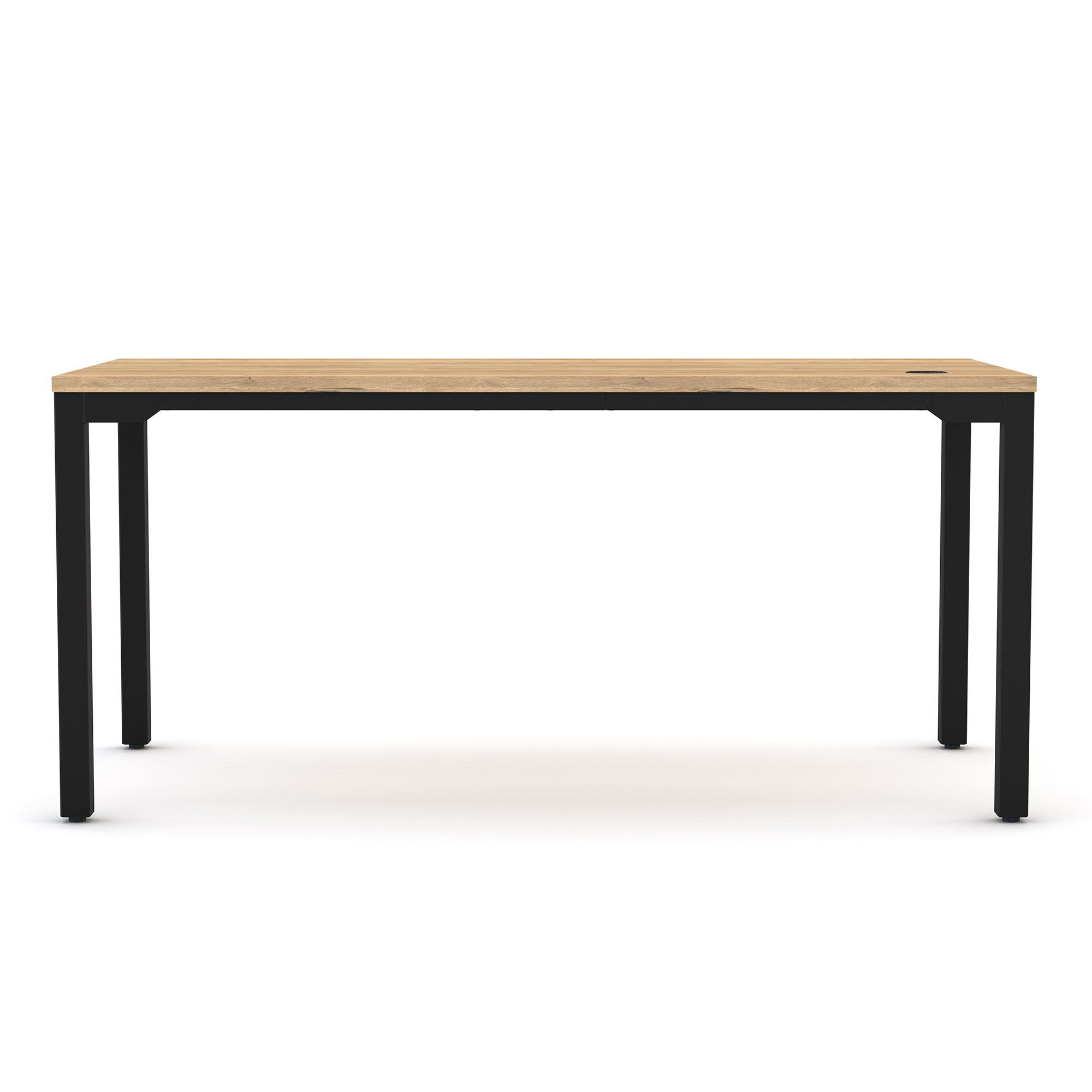 Ein moderner Tisch mit einer Holzplatte in hellen Tönen und schwarzen Metallbeinen.