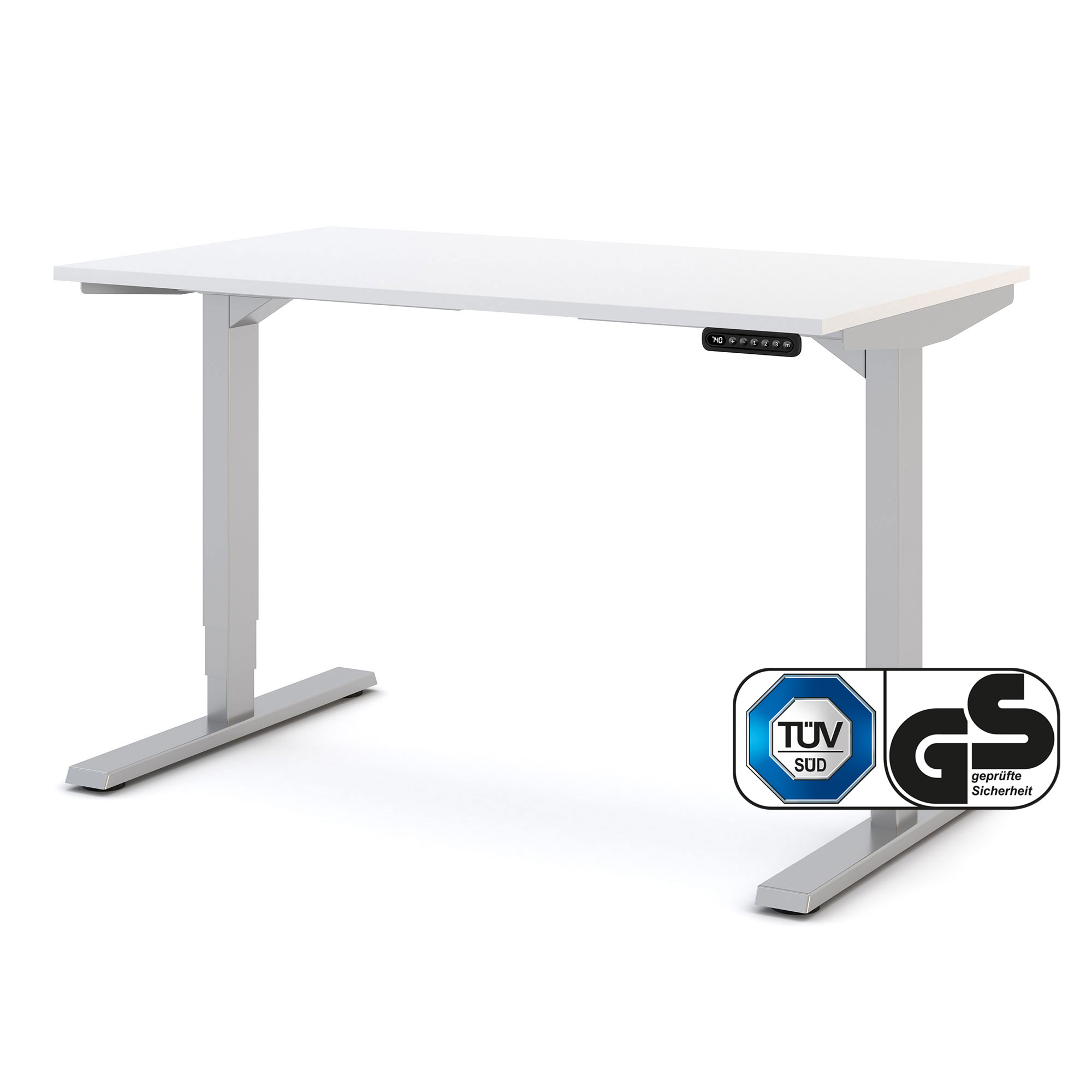 Elektrisch höhenverstellbarer Schreibtisch Y-Line Elektrisch höhenverstellbarer Schreibtisch in Weiß mit silbernem Gestell – TÜV- und GS-zertifiziert für ergonomisches Arbeiten im Büro oder Home-Office