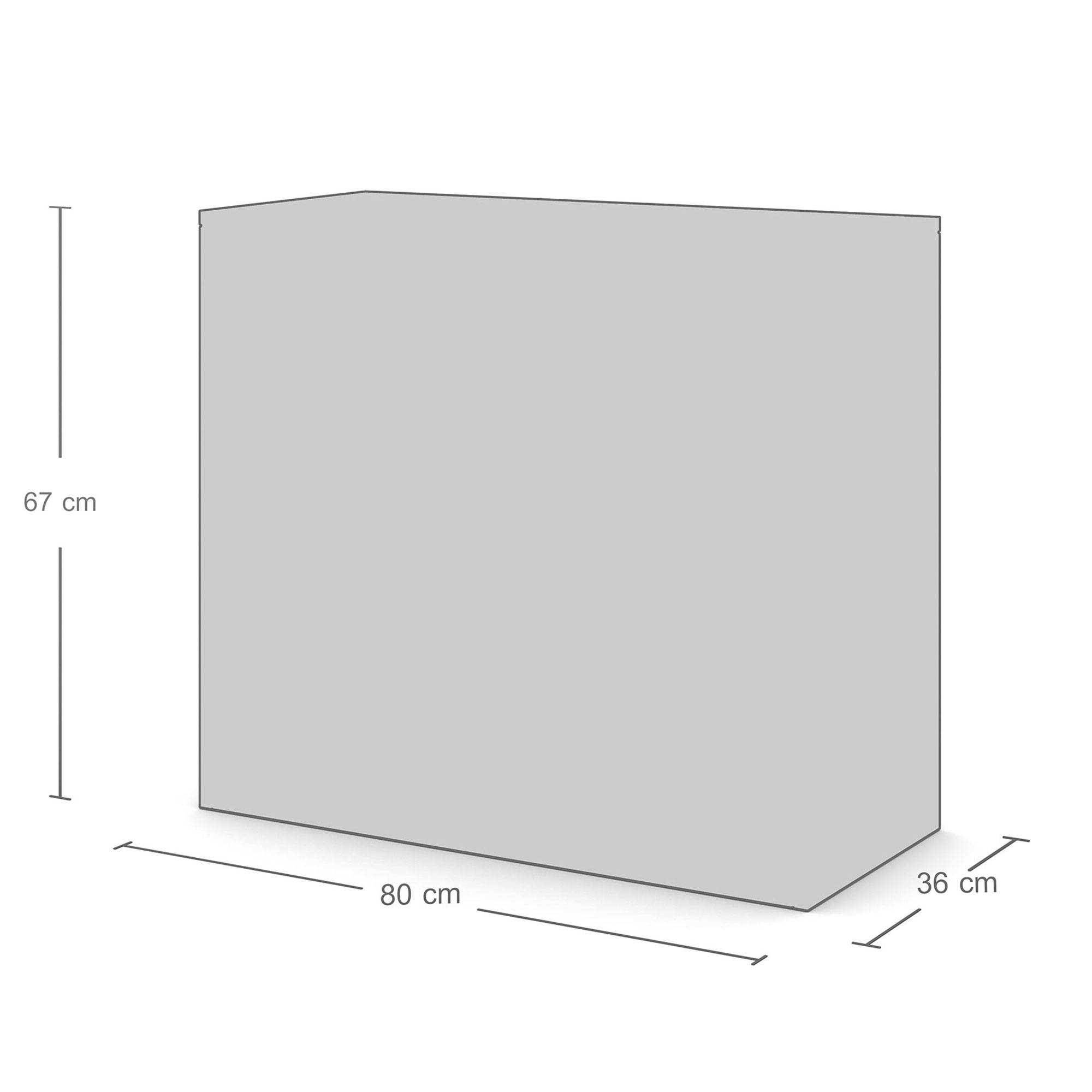 Eine graue, rechteckige Box mit den Abmessungen 80 cm x 36 cm x 67 cm.